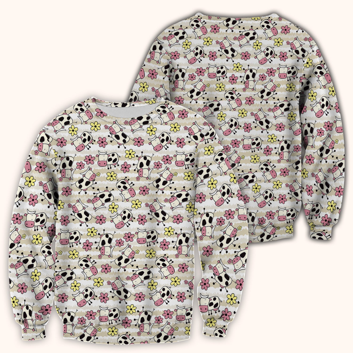 Cute Cartoon Cow Flower Meadow Pattern Nurse Scrub Top, Comfortable Scrubs for Nurses