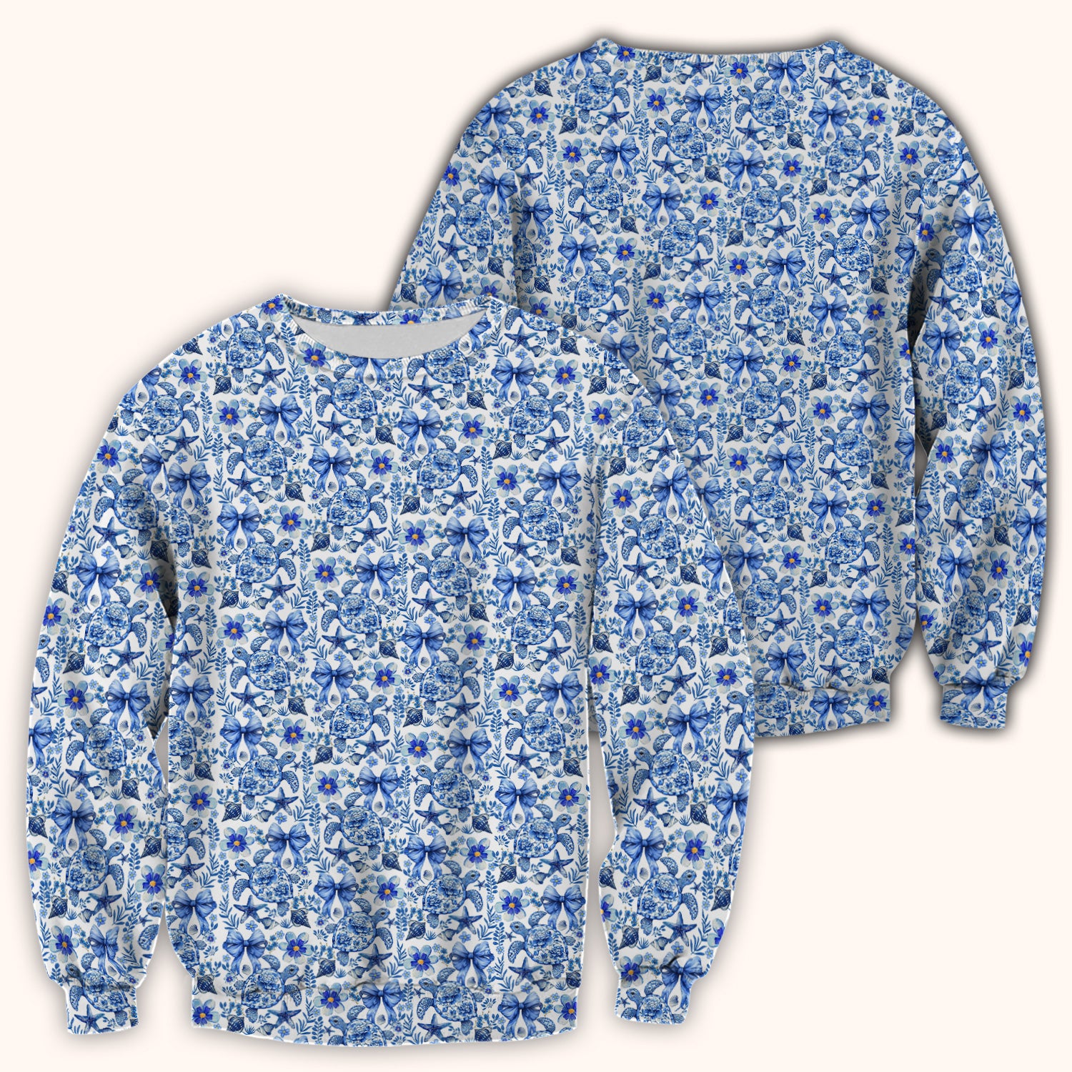 Cute Coastal Turtle Bow Pattern Scrub Top, Comfortable Scrubs for Nurses