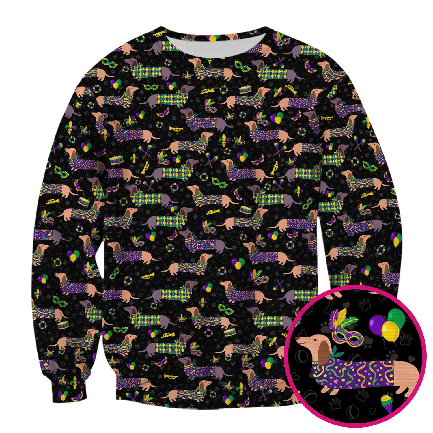 Mardi Gras Dachshund Nurse Scrub Top, Wiener Dog Holiday Pattern Nurses Shirt, Comfortable Uniform Scrubs For Nursing