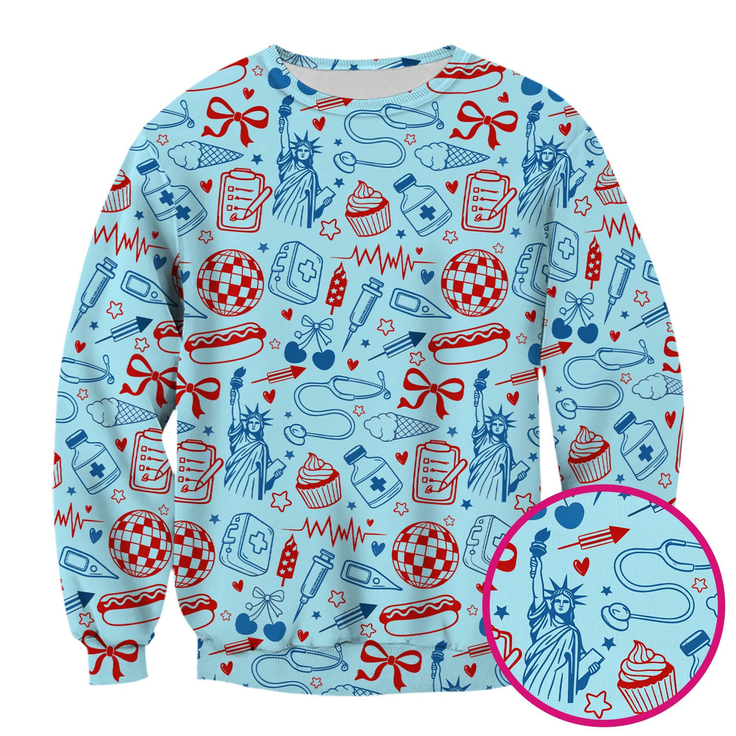 Patriotic Nurse Medical Icons Pattern Scrub Top, Breathable Fabrics Nursing Uniform