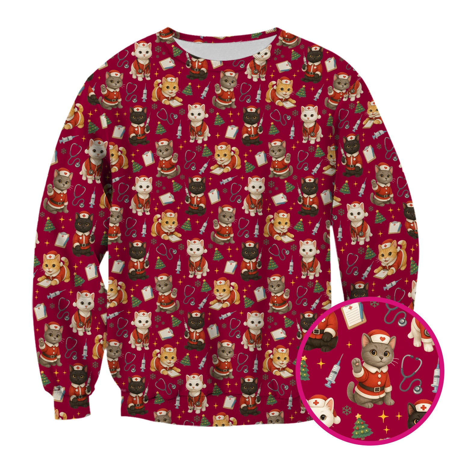 Funny Nurse Scrub Top for Women - Christmas Lucky Cat Design - Cute Holiday Nursing Shirt Gift for RN LPN CNA