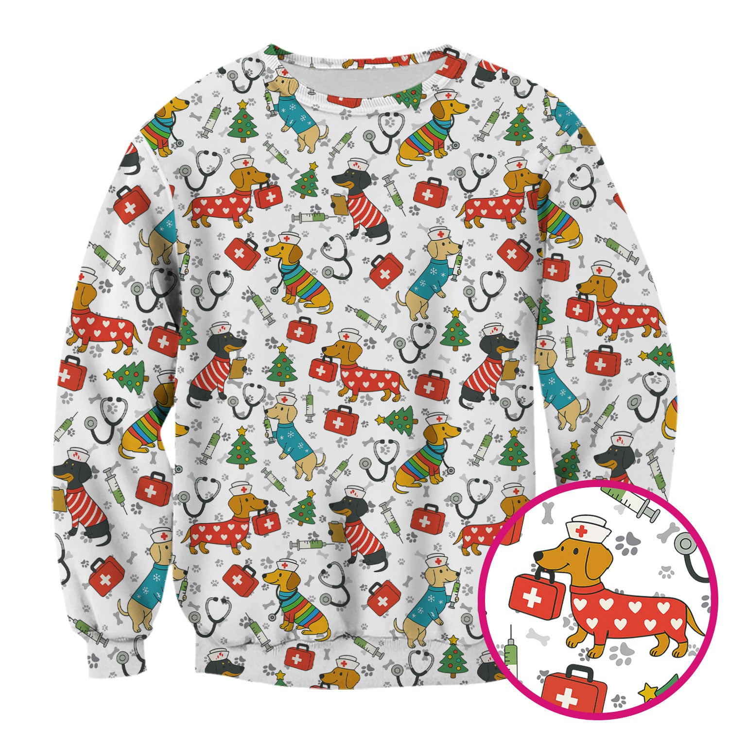 Funny Dachshund Scrub Shirt - Christmas Dog Print Scrubs Multi Color - Holiday Nurse Scrub Top Gift for Women, Men, CNA, RN, Medical Staff