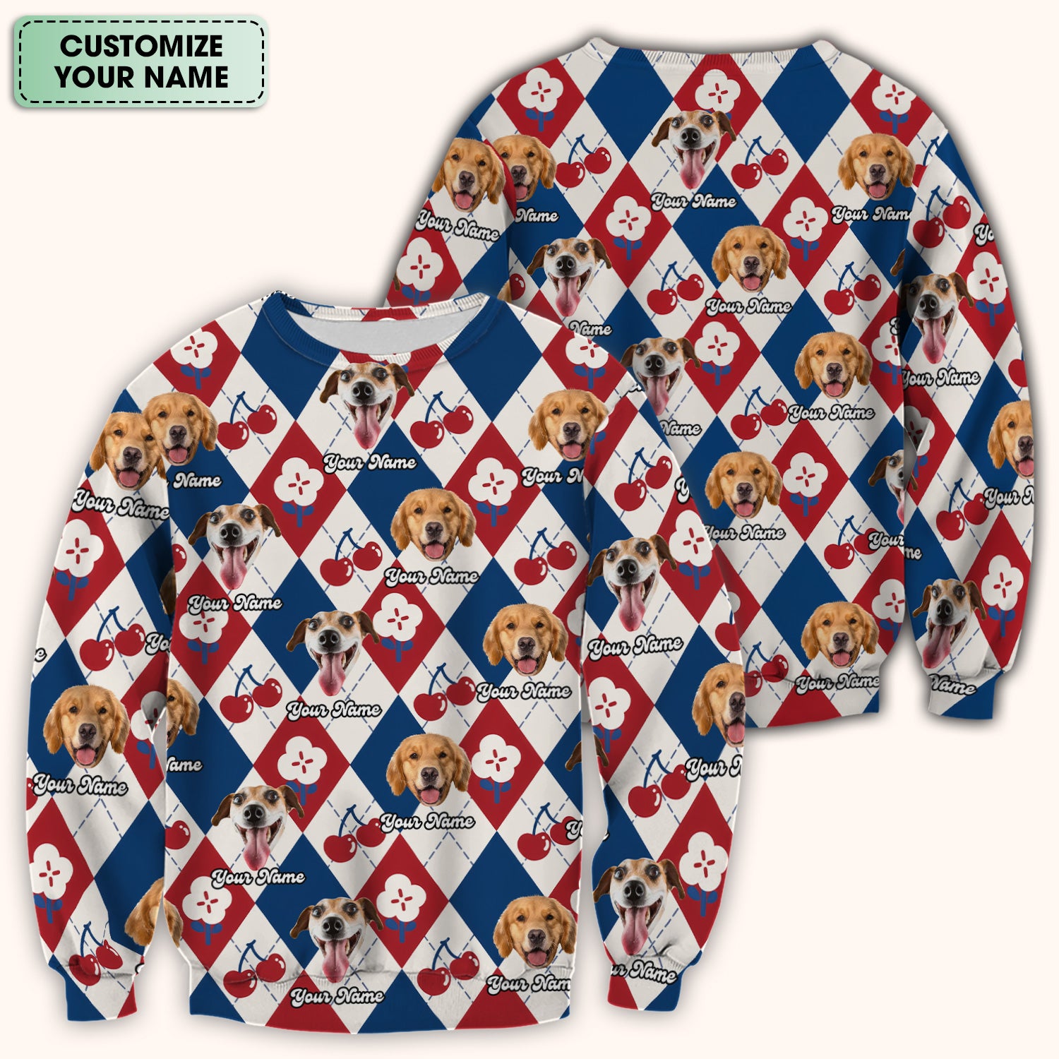 Custom Dog Face Scrub Top, Playful Dog Cherry Argyle Pattern Shirt, Comfortable Scrubs for Nurses