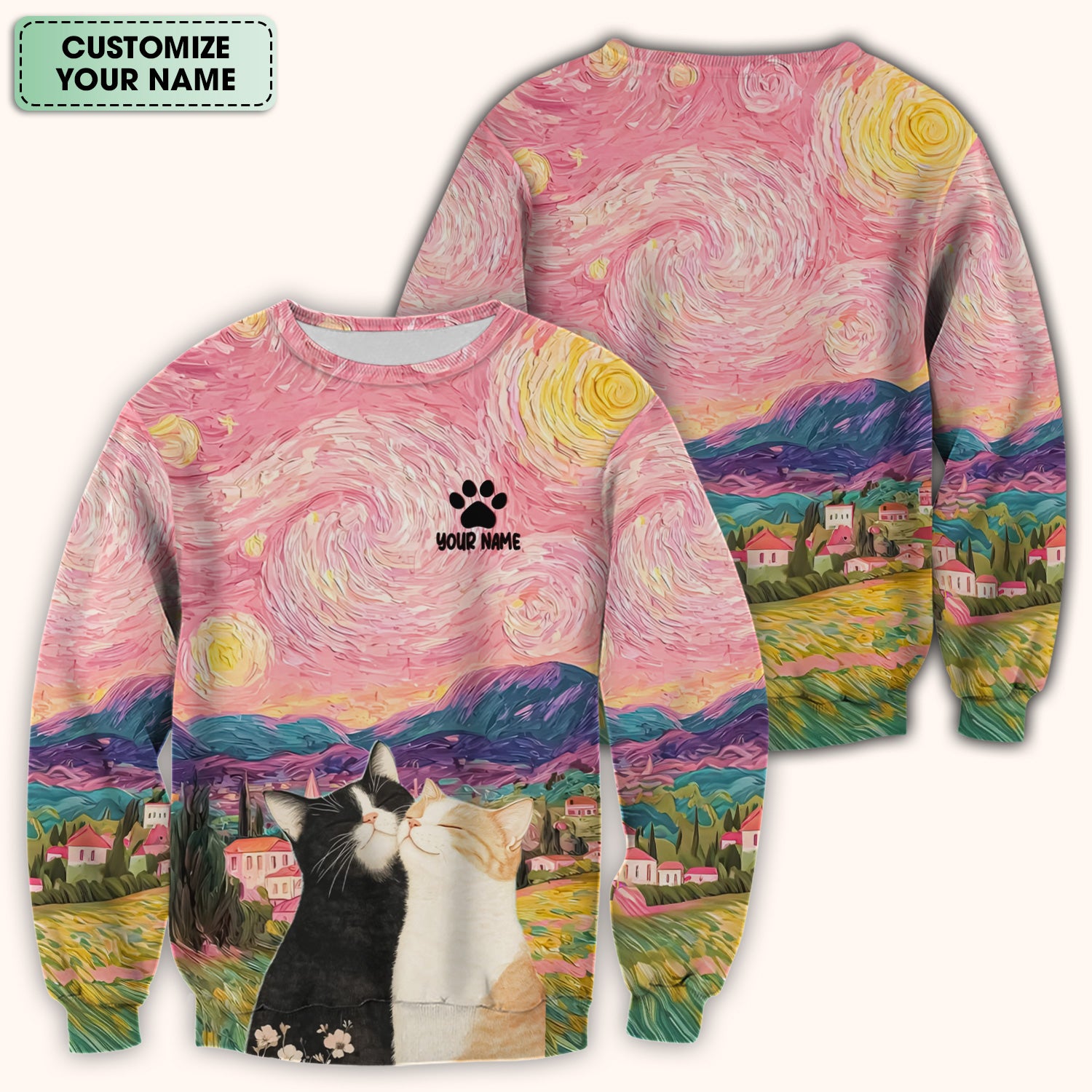 Personalized Cat Couple Sunset Swirl Sky Landscape Pattern Scrub Top, Comfortable Scrubs for Nurses