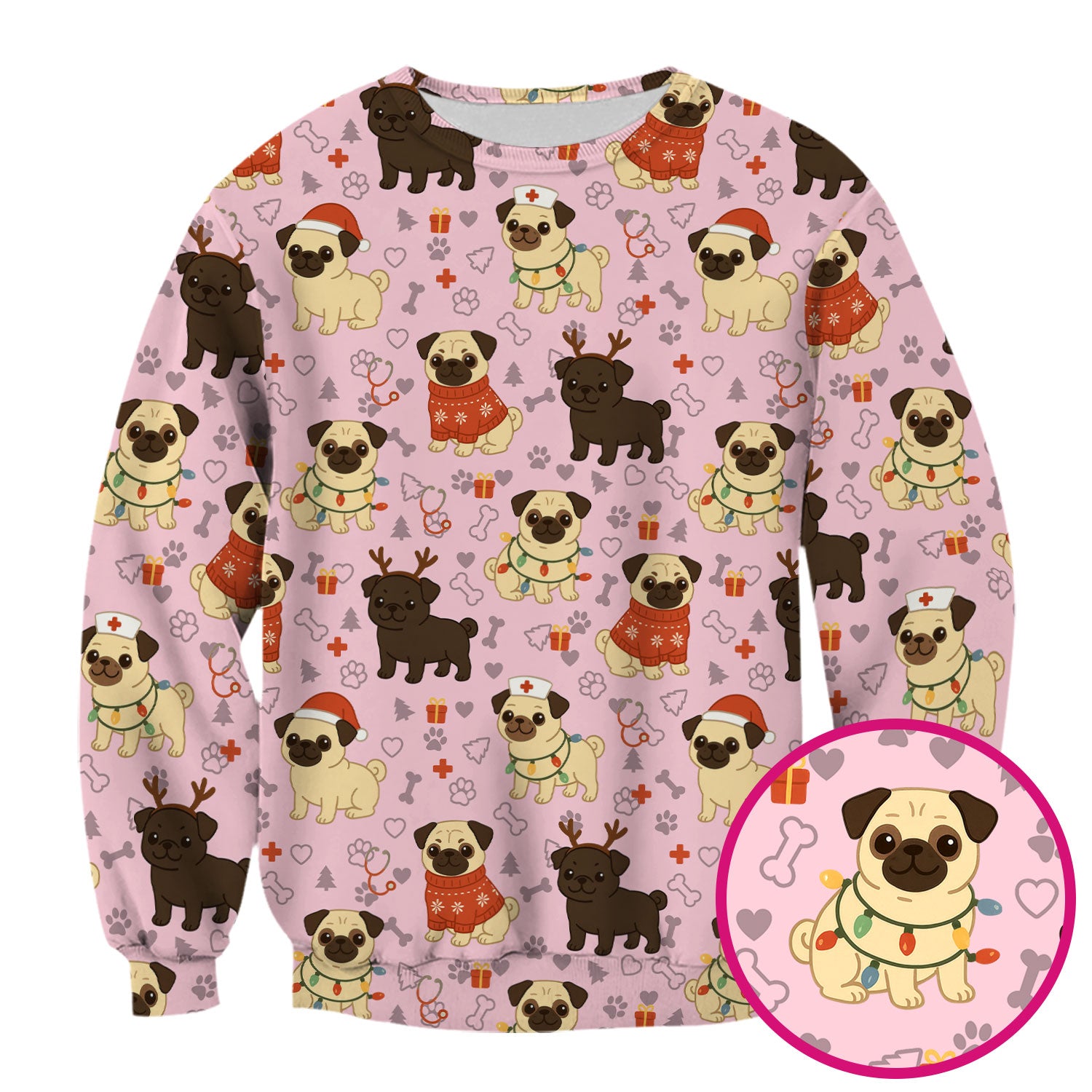 Cute Pug Christmas Nurse Scrub Top for Women - Funny Holiday Dog Pattern Medical Shirt - Festive Gift for RN LPN CNA Vet Nurses