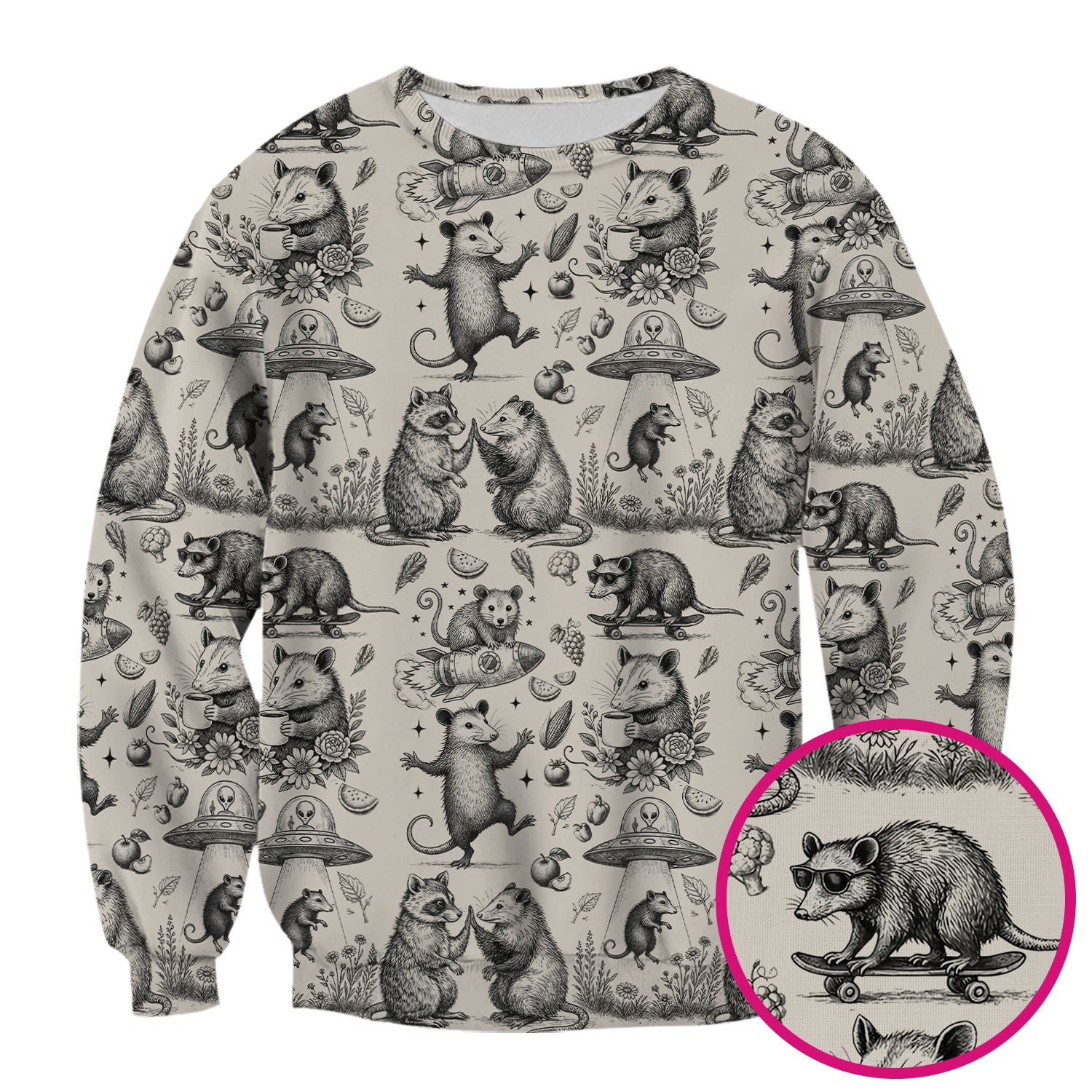 Funny Nurse Vintage Possum Raccoon High Five UFO Pattern Scrub Top, Breathable Fabrics Nursing Uniform