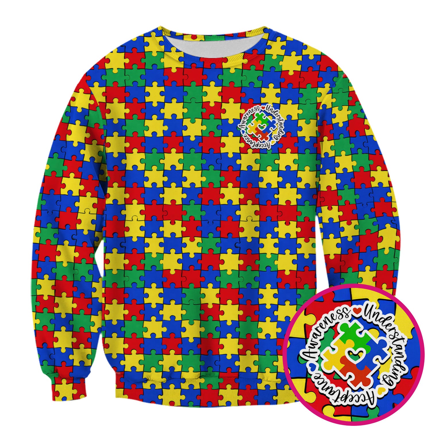 Autism Awareness Puzzle Pattern Scrub Top, Breathable Fabrics Nursing Uniform