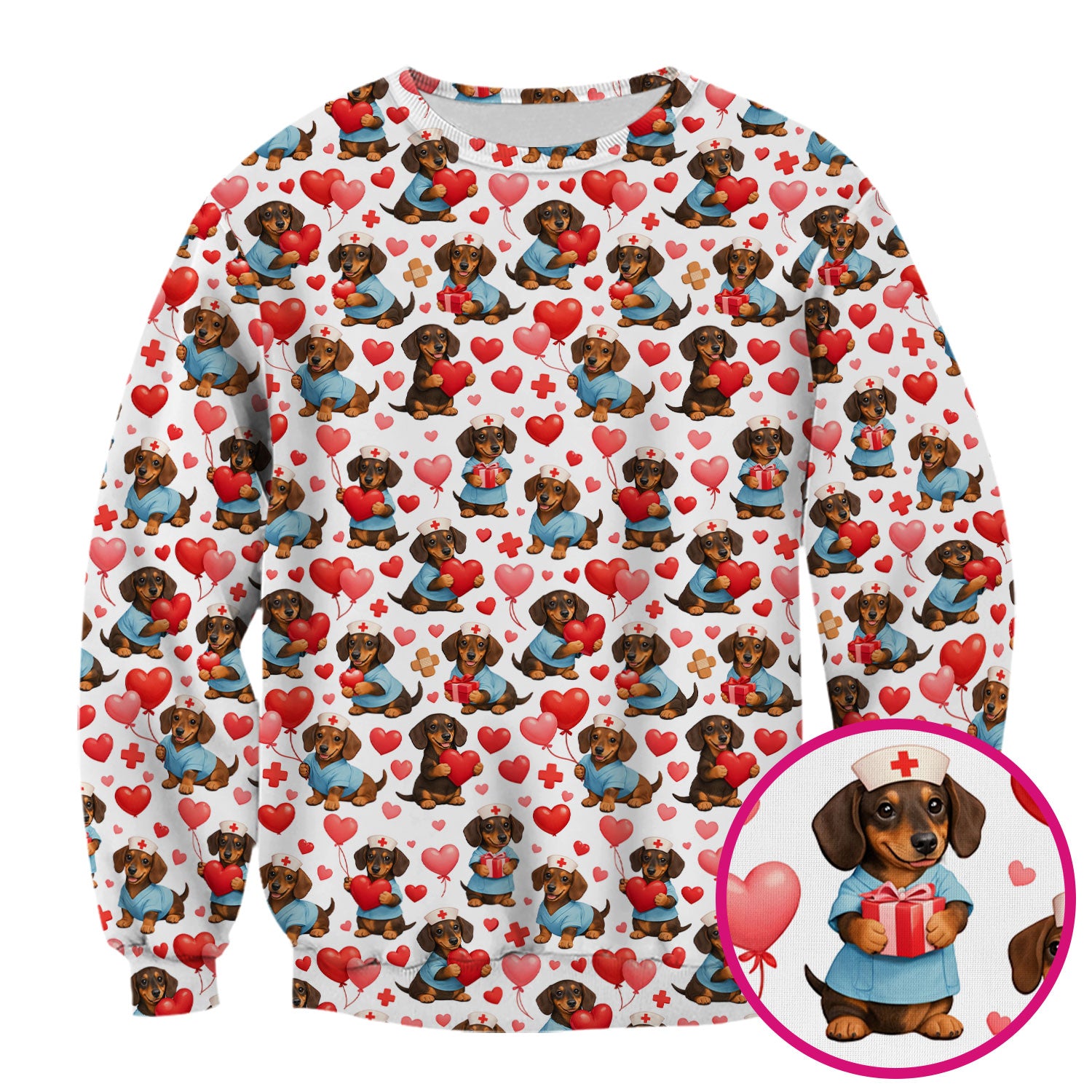 Dachshund Valentine Nurse Scrub Top, Cute  Wiener Dog Medical Pattern Shirt, Breathable Fabrics Nursing Uniform