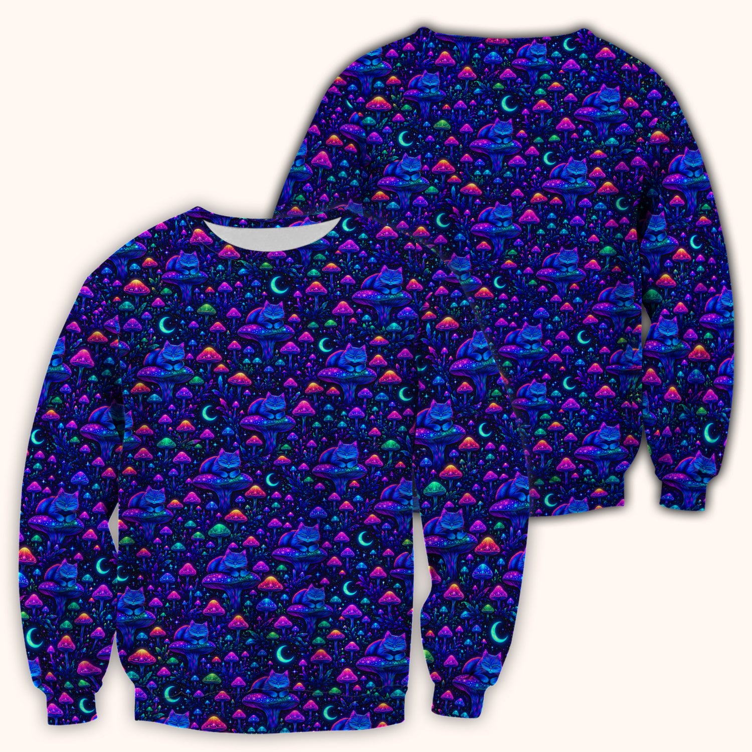 Neon Mushroom Cat Galaxy Scrub Top, Psychedelic Night Forest Nursing Uniform