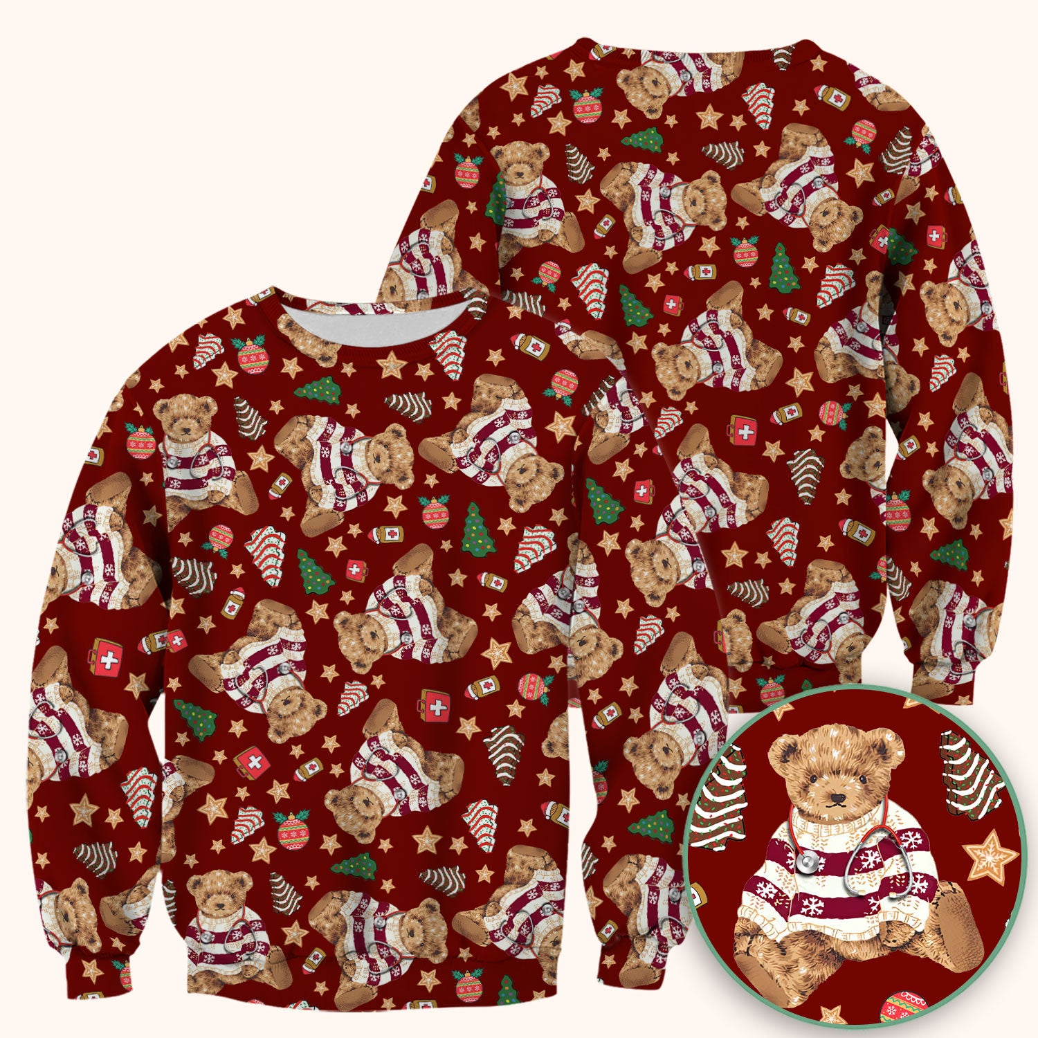 Teddy Bear Christmas Scrub Top - Cute Holiday Medical Pattern with Warm Sweater Bear - Gift for Nurses RN CNA LPN