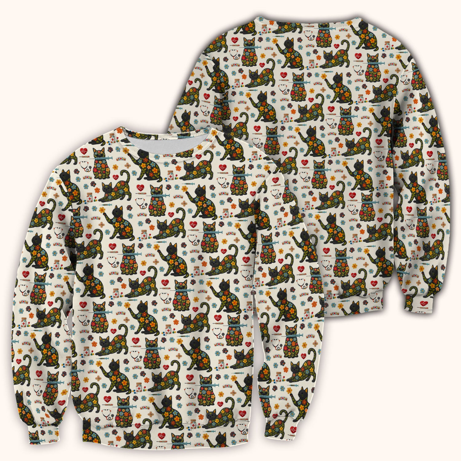 Floral Black Cat Pattern Scrub Top, Cute Cat Nurse Scrub Shirt, Medical Nursing Uniform
