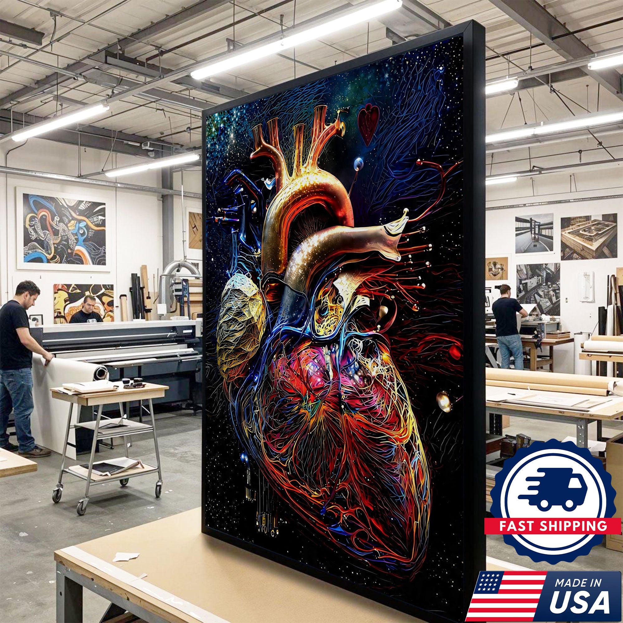 Neon Human Heart Anatomy Canvas Wall Art, Nurse Clinic Decor
