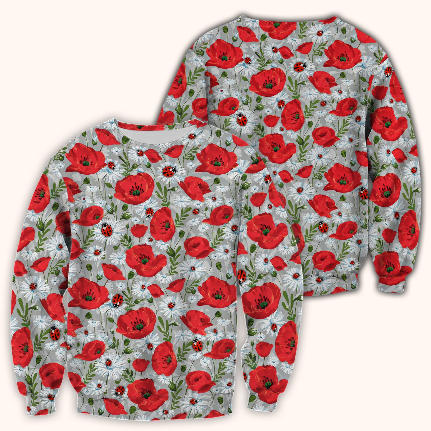 Cute Red Poppy Daisy Ladybug Floral Print Scrub Top, Comfortable Scrubs for Nurses