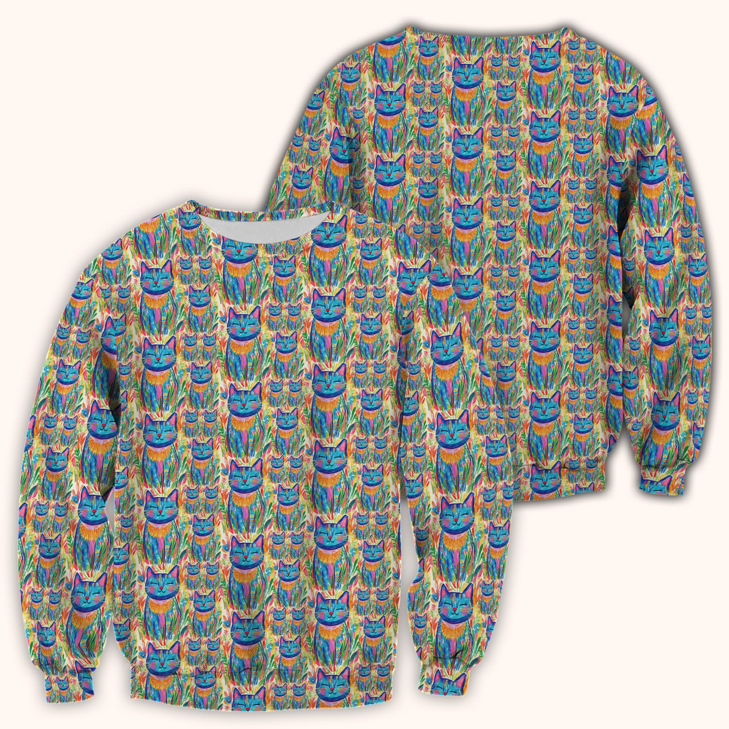 Colorful Rainbow Cat With Floral Brushstroke Scrub Top, Breathable Fabrics Nursing Uniform
