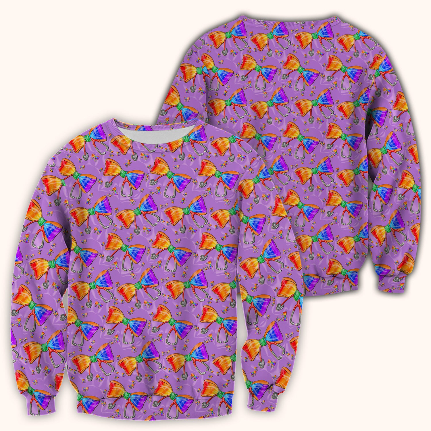 Colorful Rainbow Bow Stethoscope Pattern Scrub Top, Breathable Fabrics Nursing Uniform
