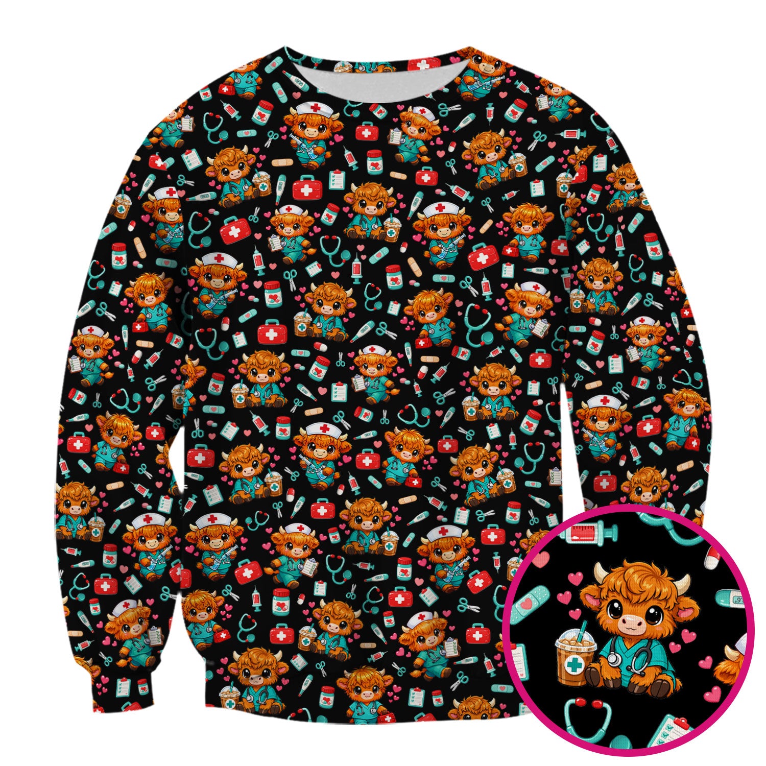 Cute Highland Cow Nurse Scrub Top, Kawaii Medical Pattern Shirt, Breathable Fabrics Nursing Uniform