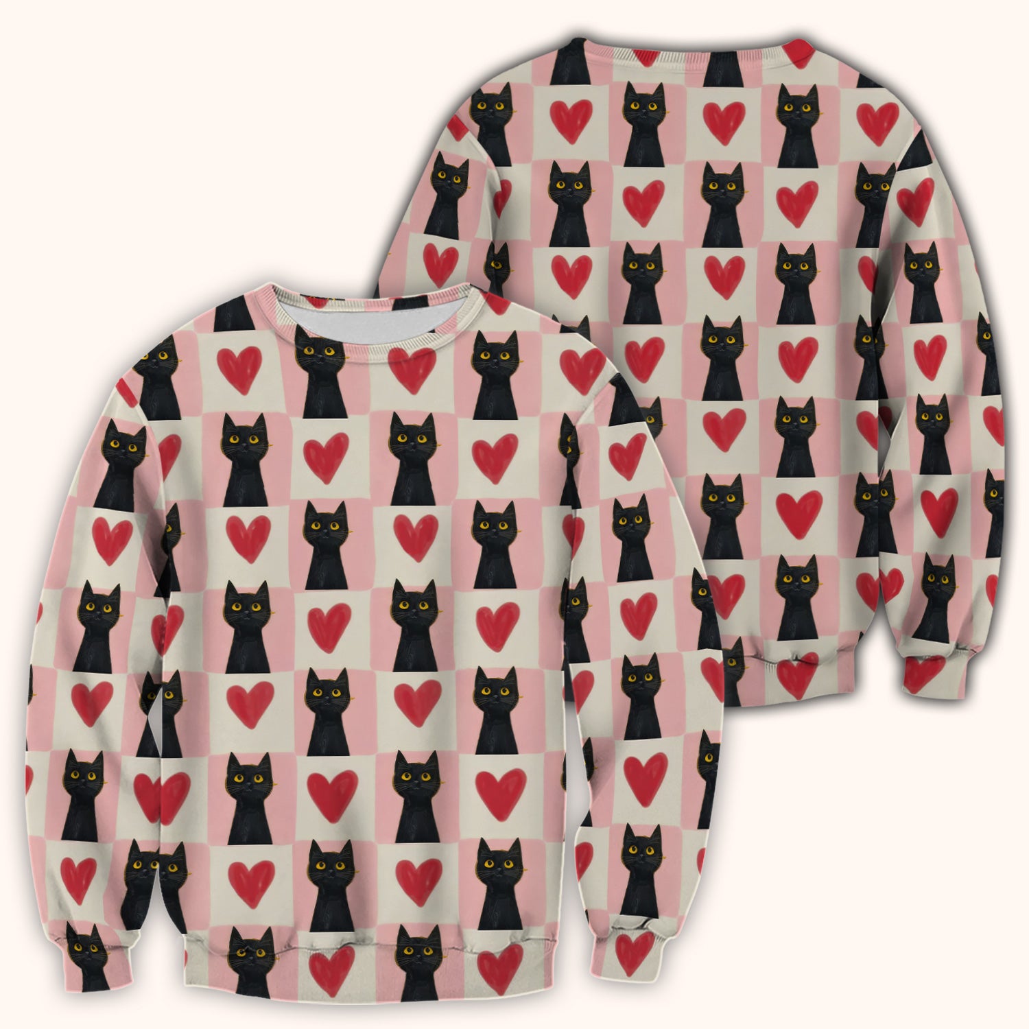 Cute Black Cat Heart Print V Neck Nursing Scrub Top, Comfortable Medical Uniform