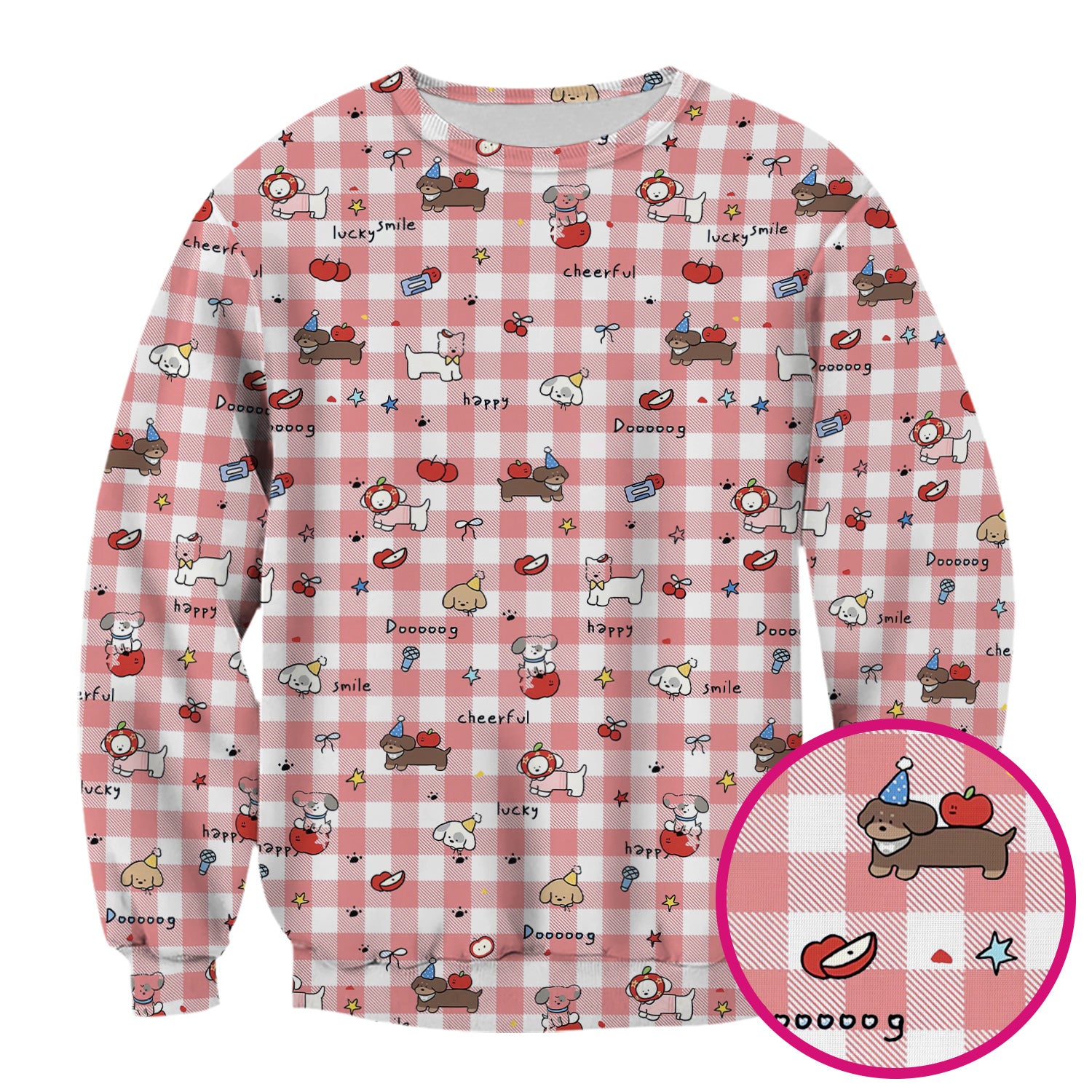 Cute Nurse Cartoon Puppy Apple Gingham Scrub Top, Breathable Fabrics Nursing Uniform