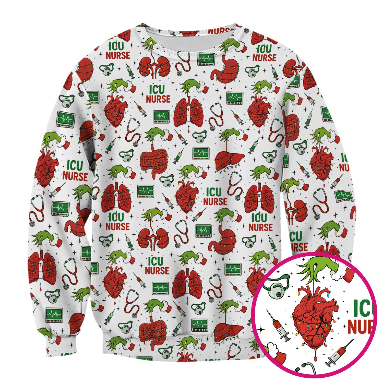 Christmas ICU Nurse Scrub Top - Funny Heart Anatomy Pattern - Holiday Nursing Shirt Gift for RN LPN CNA
