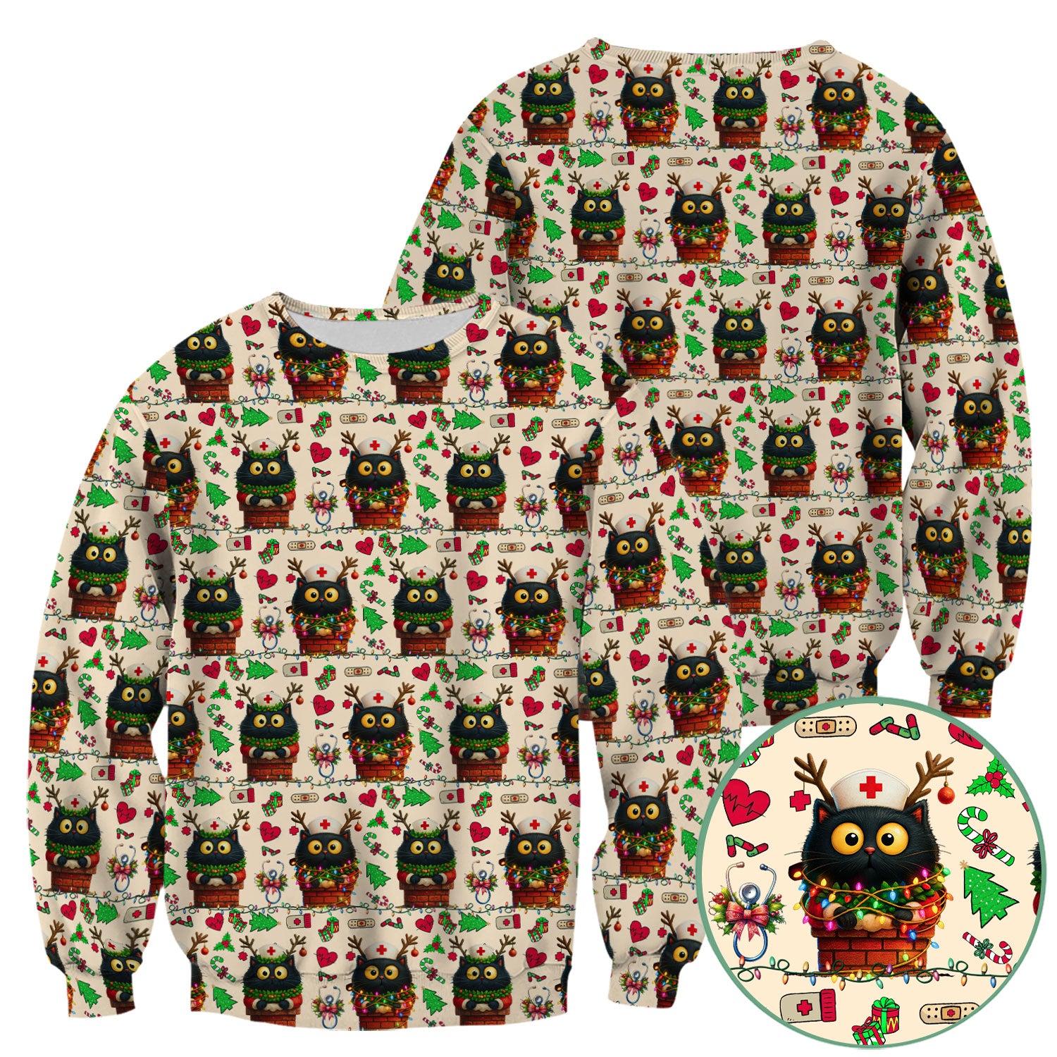 Funny Black Cat Scrub Top for Nurse - Cute Reindeer Cat with Christmas Lights Shirt - Festive Holiday Medical Gift for RN CNA LPN