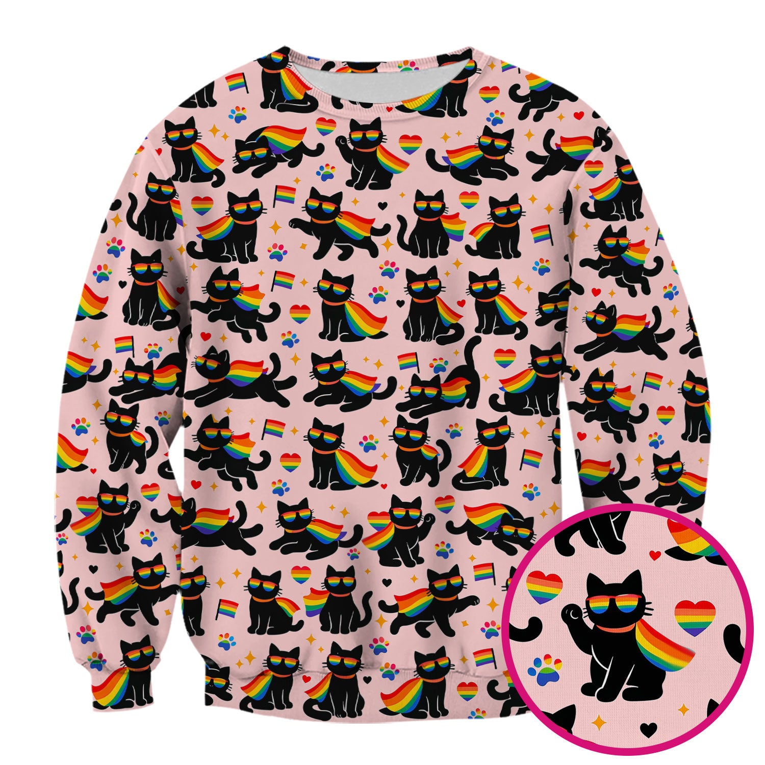 Rainbow Black Cat Pride Pattern Scrub Top, Breathable Fabrics Nursing Uniform