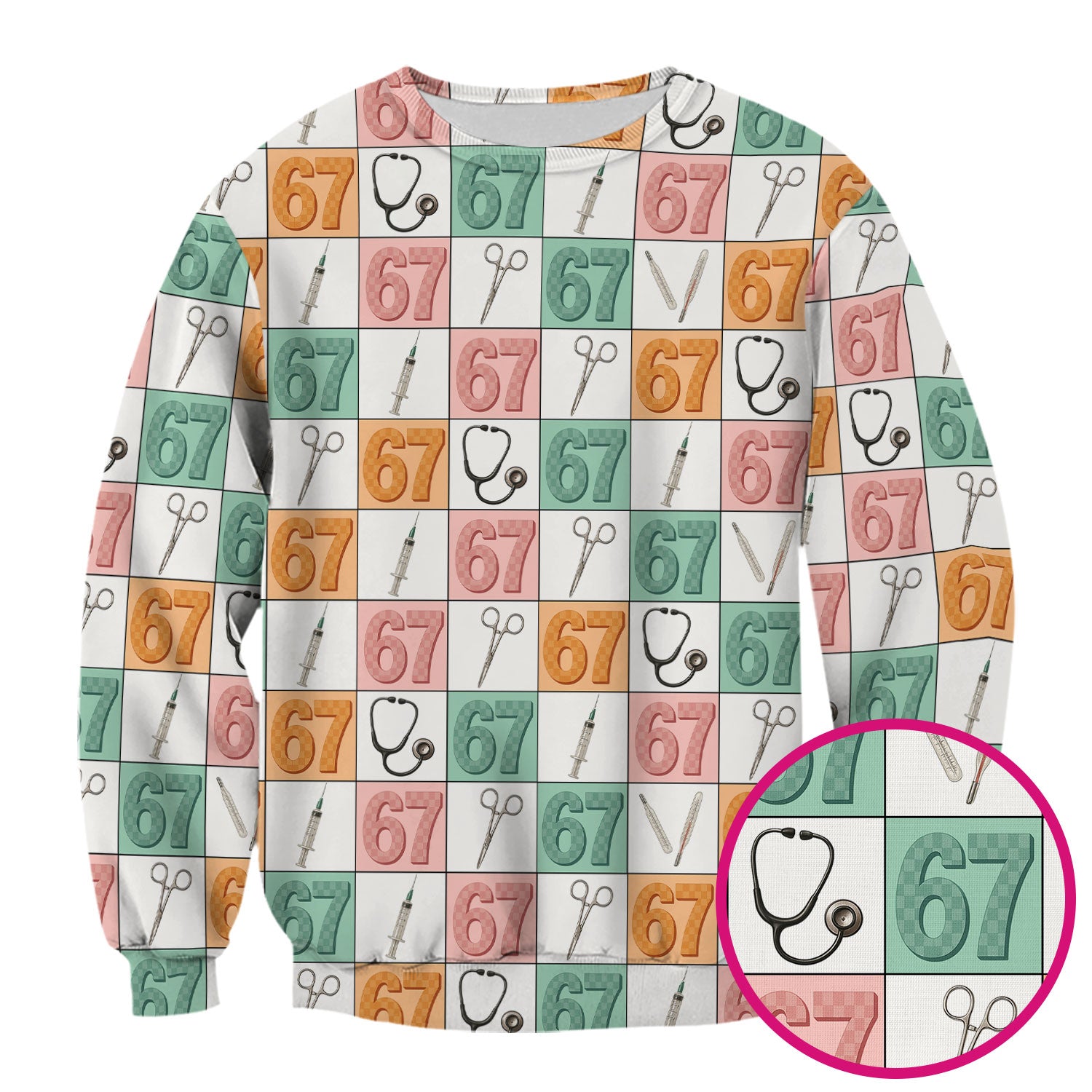 67 Nurse Patchwork Scrub Top, Colorful Medical Tools Pattern Uniform Shirt For Nursing
