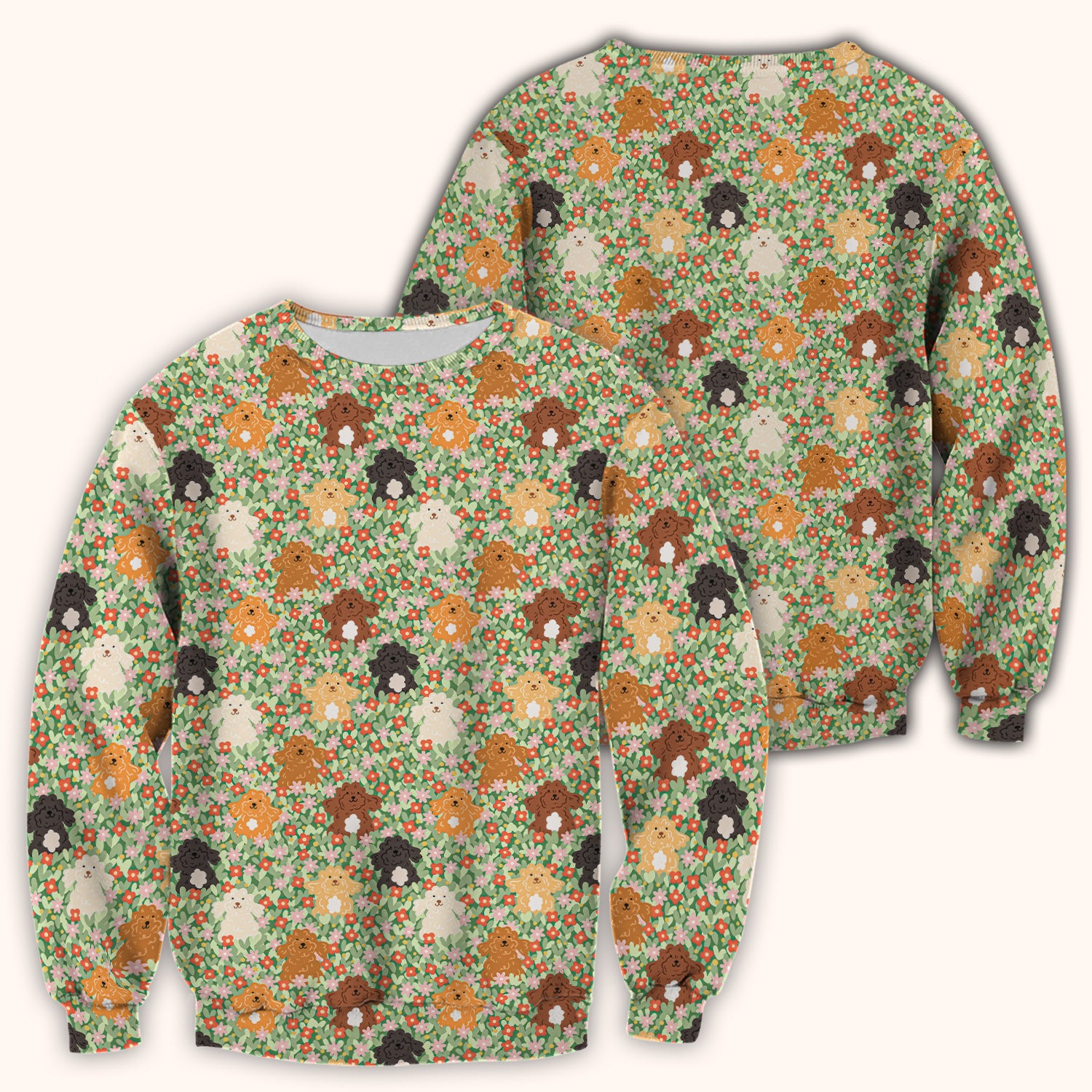 Cute Poodle Dogs Floral Pattern Scrubs Top, Breathable Fabrics Nursing Uniform