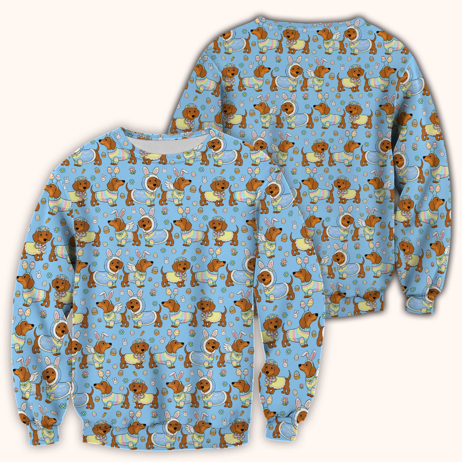 Easter Dachshund Bunny Print Scrub Top, Breathable Fabrics Nursing Uniform