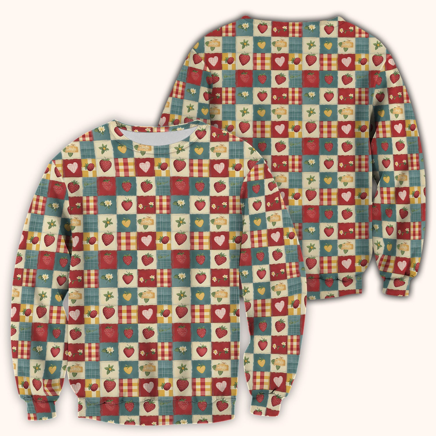 Cute Strawberry Floral Patchwork Pattern Scrubs Top, Comfortable Scrubs for Nurses