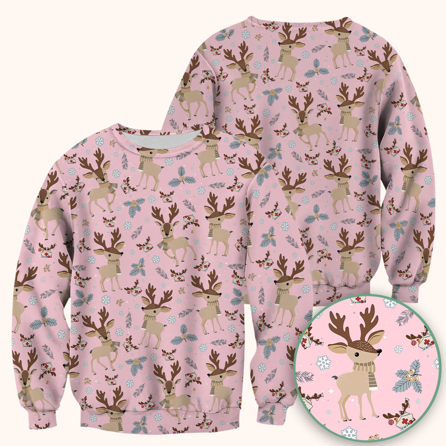 Reindeer Christmas Scrub Top - Cozy Beige Holiday Nurse Shirt with Cute Deer Pattern - Festive Medical Scrubs for Women RN CNA LPN