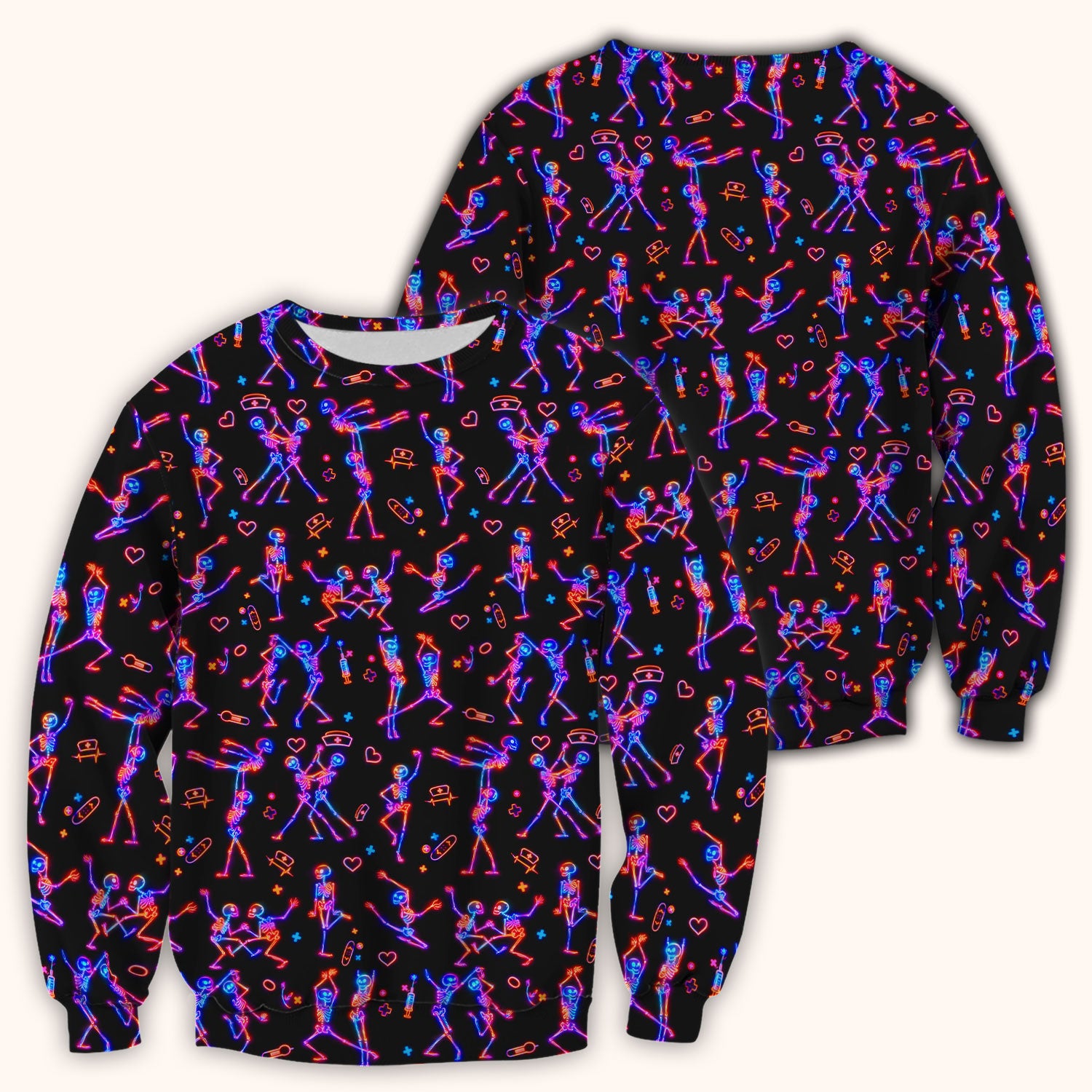 Neon Dancing Skeleton Medical Pattern Scrub Top, Comfortable Scrubs for Nurses