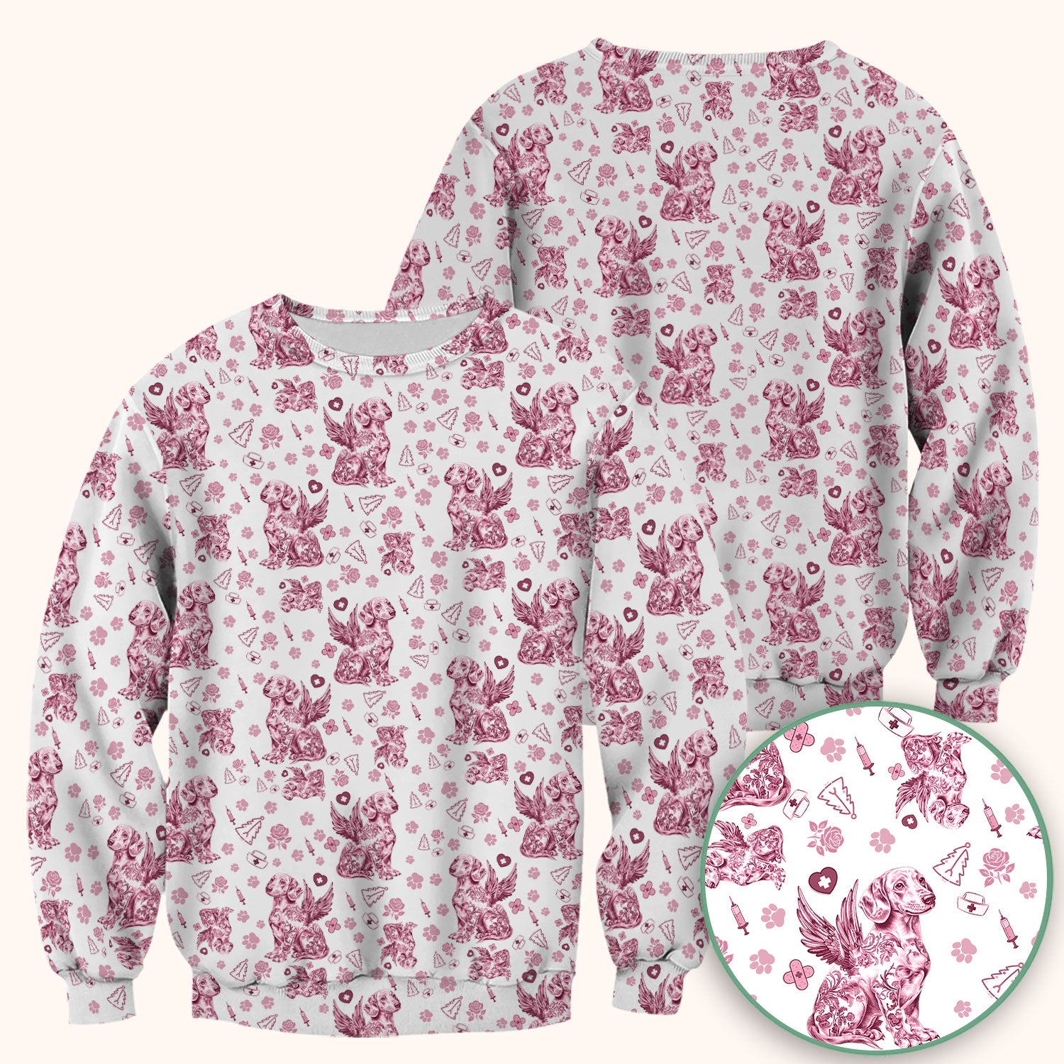 Toile de Jouy Dachshund Angel Scrub Top - Blue Vintage Dog Nurse Shirt - Memorial Christmas Gift