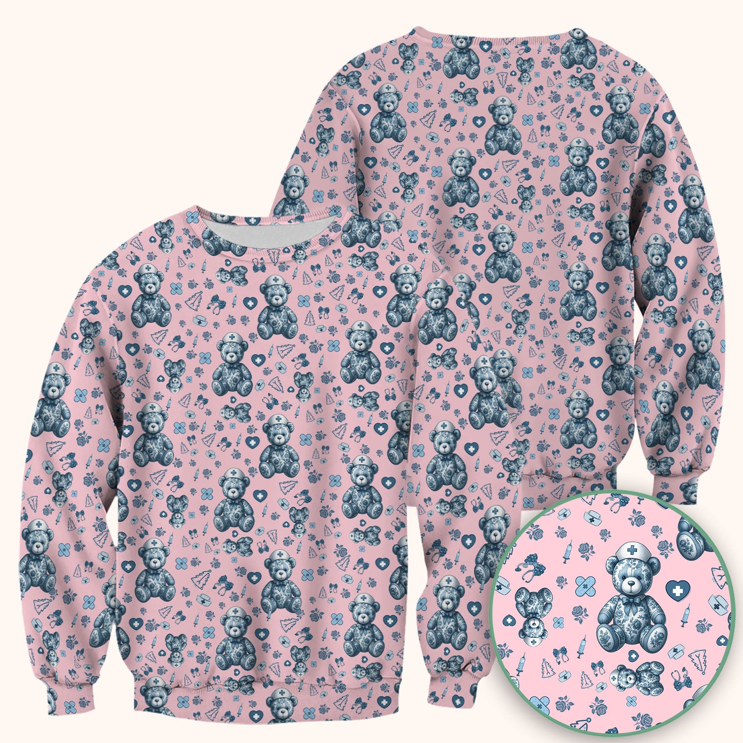 Toile Teddy Bear Nurse Scrub Top - Elegant Blue Toile de Jouy Pattern Medical Shirt for Women - Cute Vintage Nursing Uniform Gift