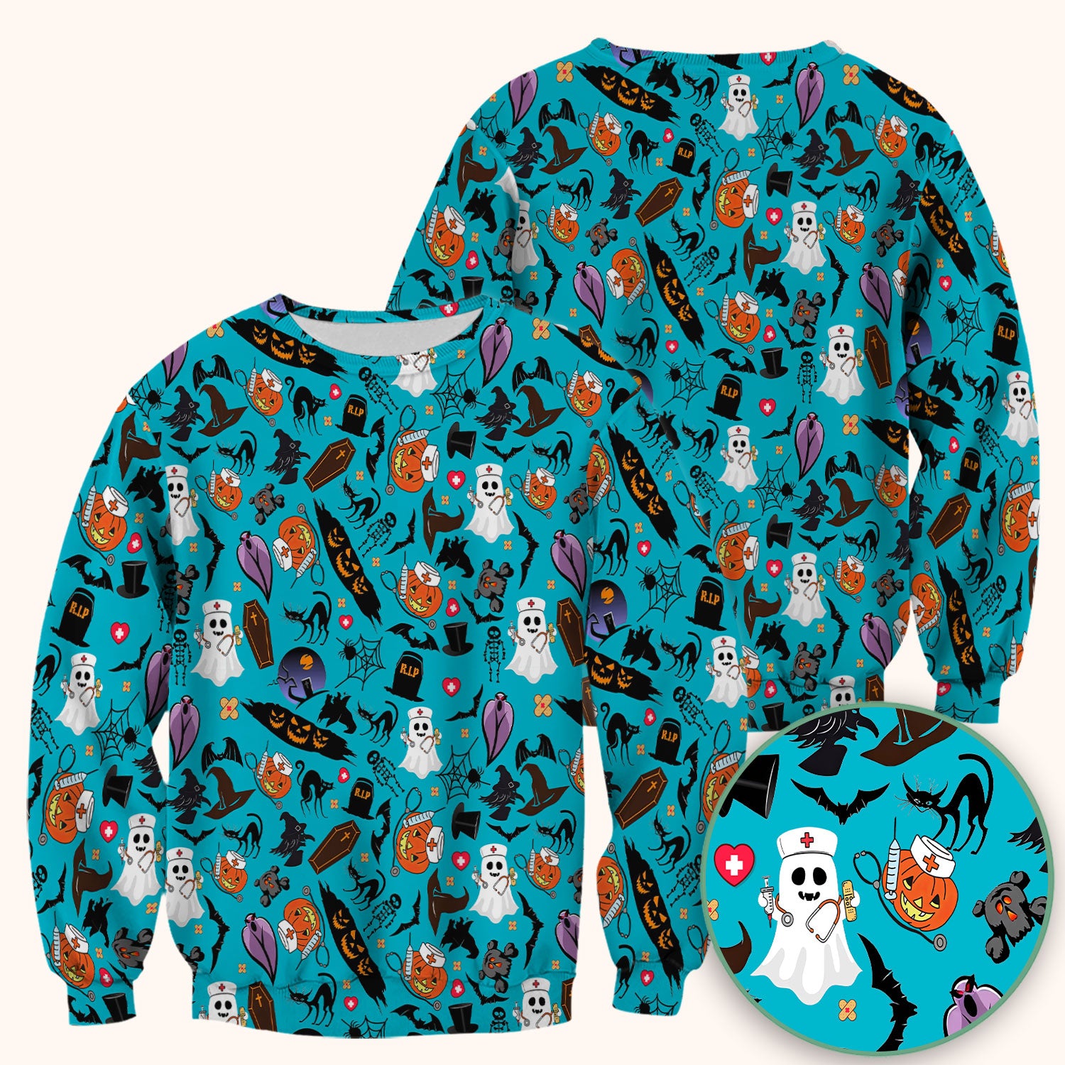 Spooky Halloween Scrub Top - Pumpkin Ghost Bat Nurse Shirt - Wicked Witch Medical Uniform for Women RN CNA LPN