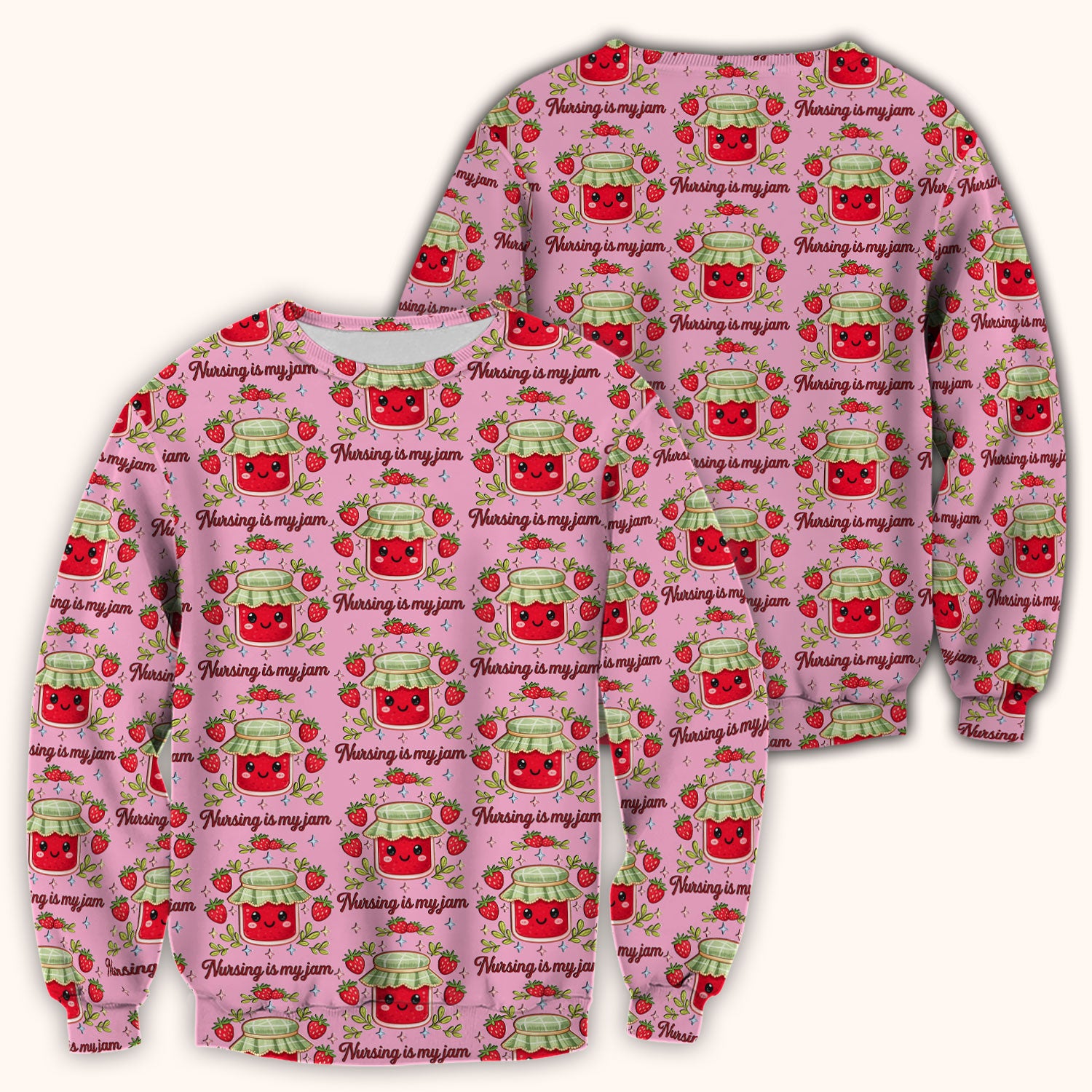 Cute Strawberry Jam Nurse Pattern Scrub Top, Breathable Fabrics Nursing Uniform