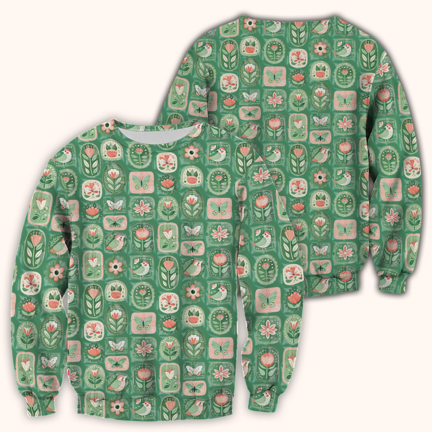 Folk Art Floral Bird Butterfly Garden Pattern Scrub Top, Comfortable Scrubs for Nurses