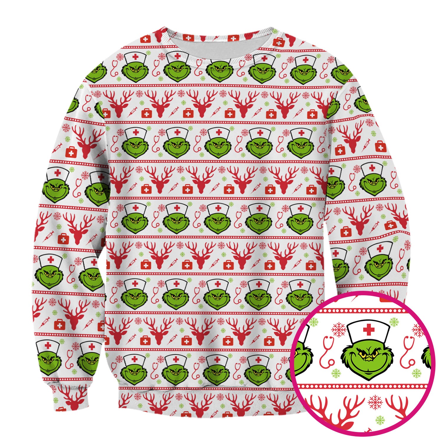 Funny Grinch Nurse Scrubs Top - Ugly Christmas Sweater Style Scrub Shirt - Holiday Nursing Workwear for Women
