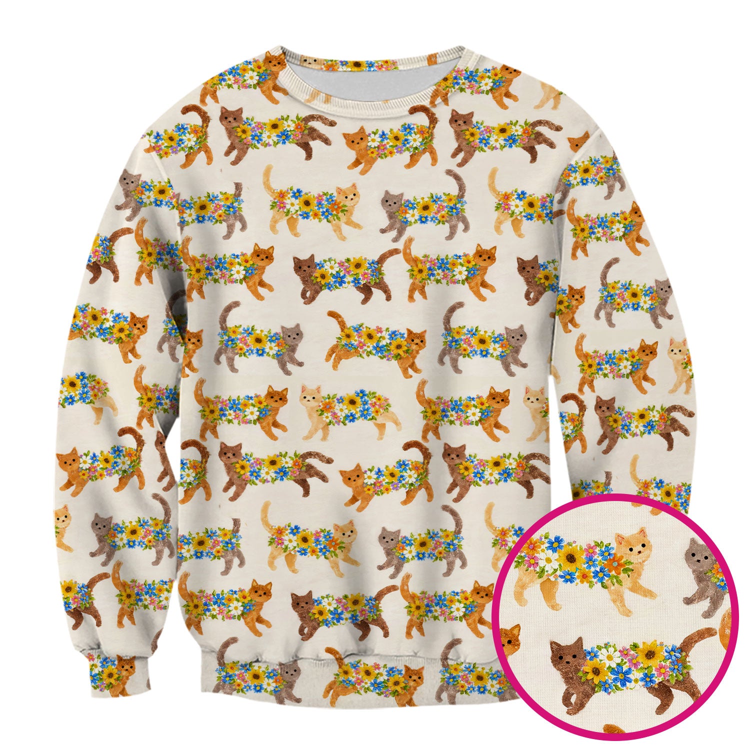 Cute Flower Filled Cat Pattern Scrub Top, Breathable Fabrics Nursing Uniform