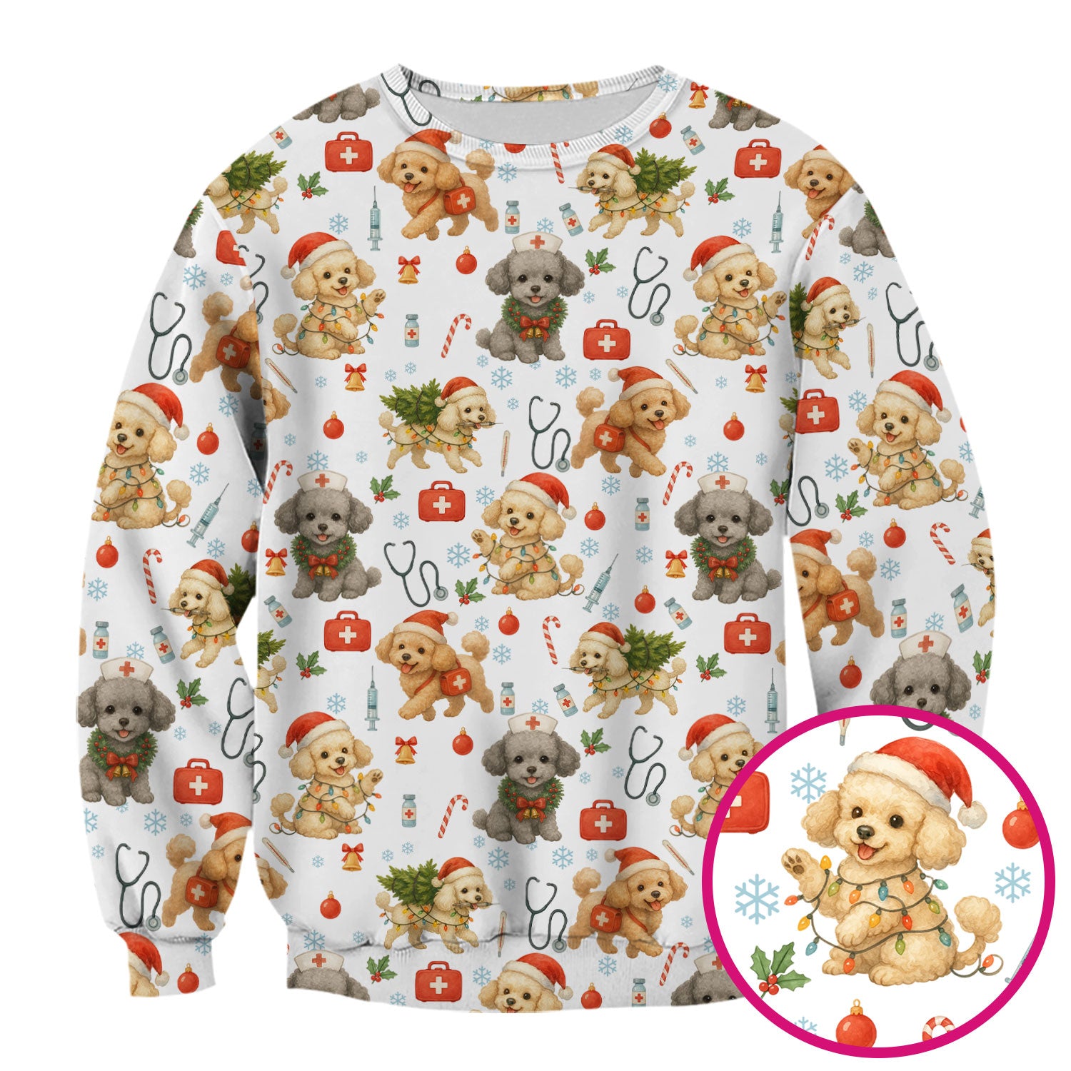 Cute Christmas Dog Scrub Top - Puppy Nurse Shirt Santa Hat Print - Holiday Medical Scrubs Gift for Women CNA RN Doctor