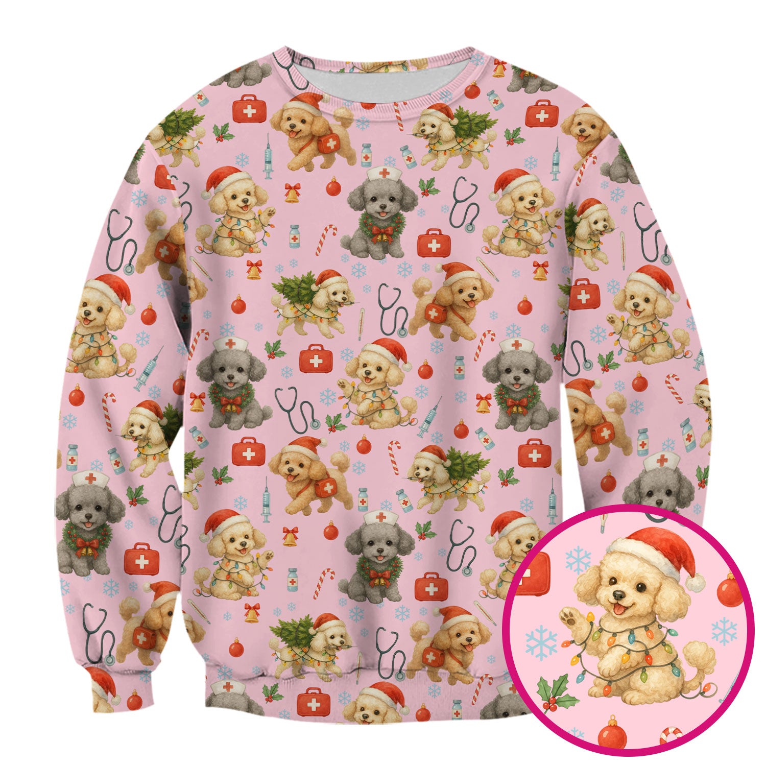 Christmas Puppy Scrub Top - Cute Dog Nurse Shirt with Santa Hat - Holiday Medical Scrubs Gift for Women CNA RN Doctor
