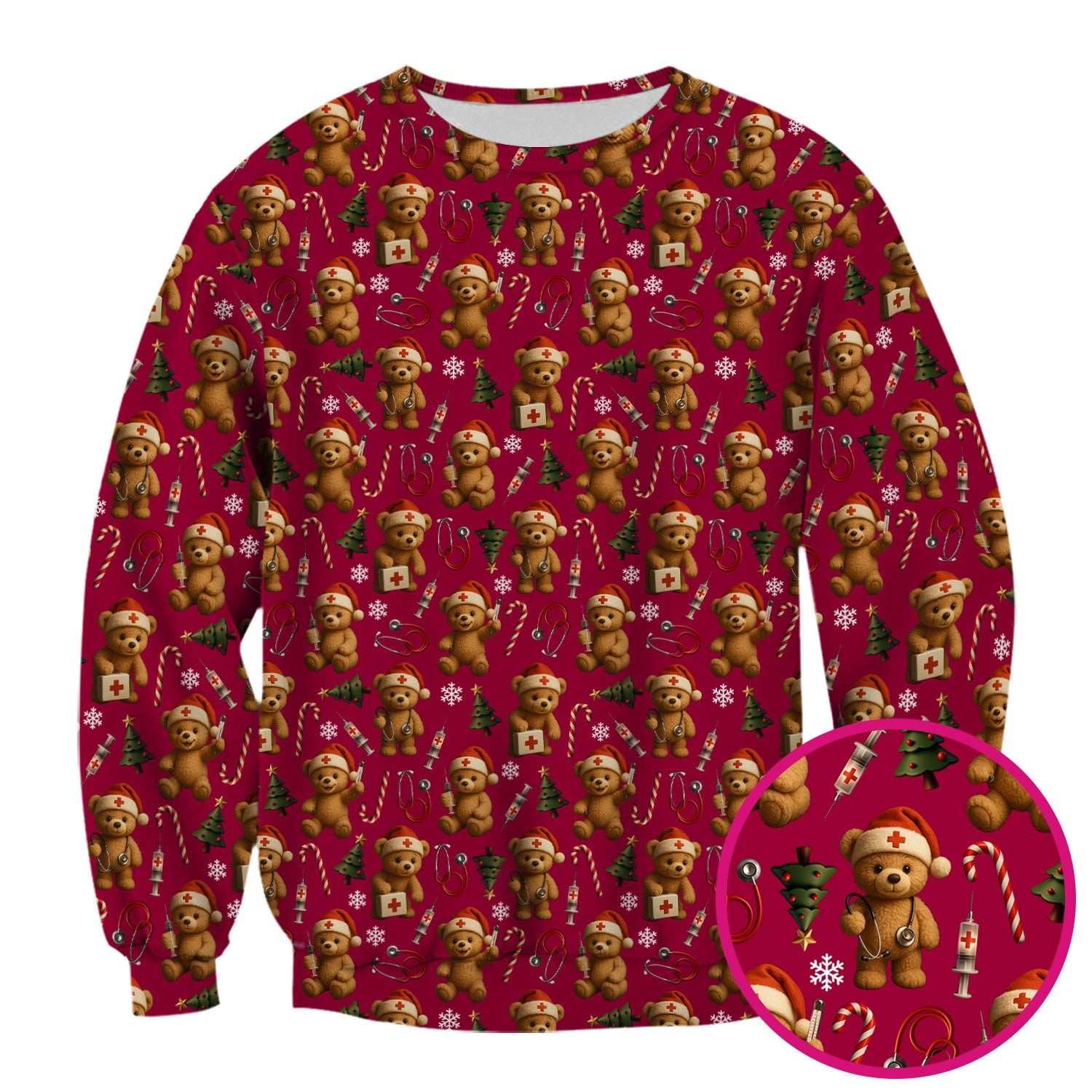 Teddy Bear Christmas Scrubs for Women - Cute Nurse Bear Pattern Medical Scrub Top - Holiday Christmas Scrubs with Fun Festive Design