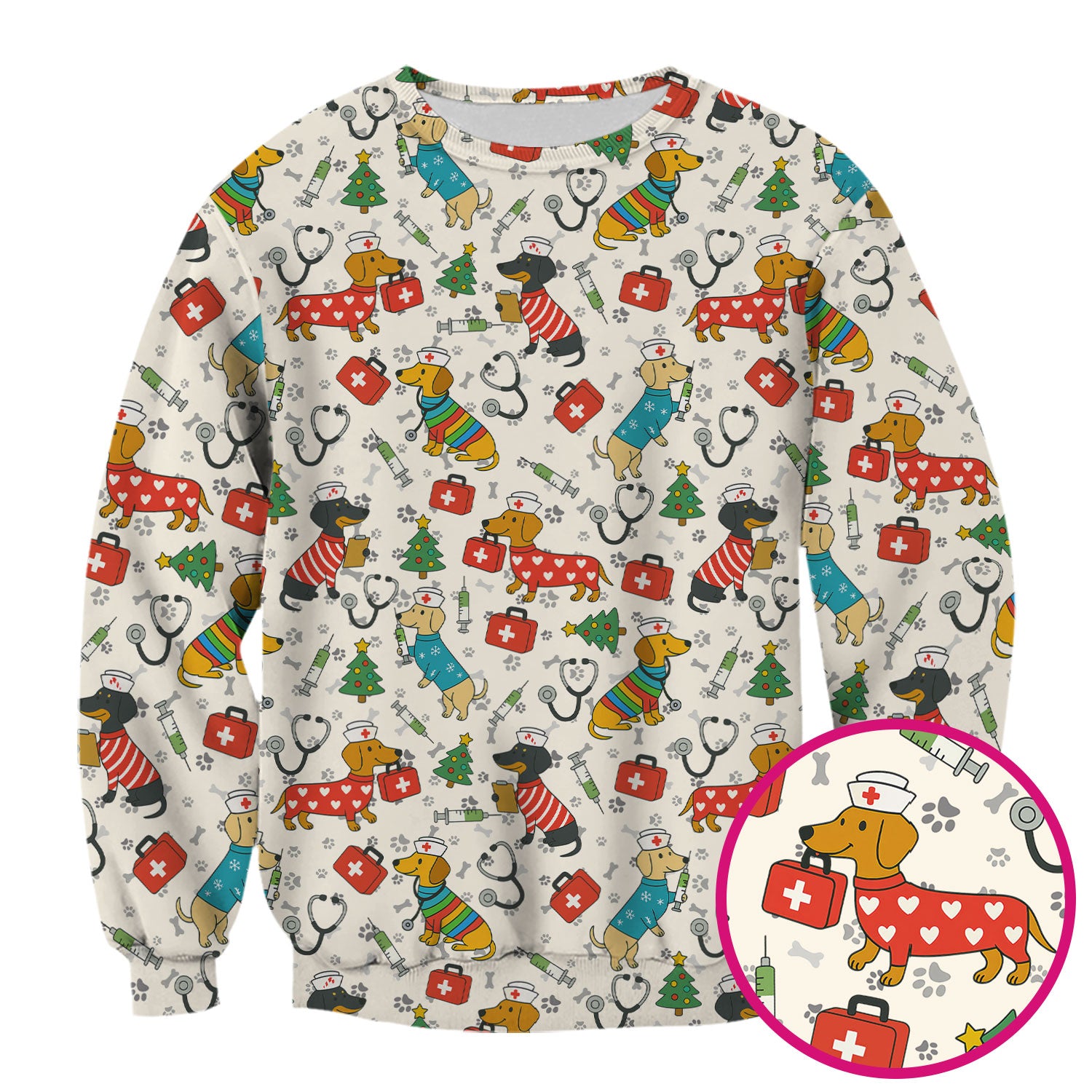Christmas Dachshund Scrub Top - Funny Dog Nurse Scrubs Multi Color - Holiday Scrub Shirt Gift for Women Men, CNA, RN, Medical Professional