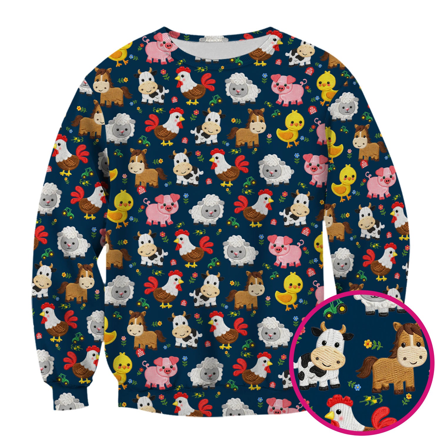 Cartoon Farm Animal Pattern Scrub Top, Breathable Fabrics Nursing Uniform