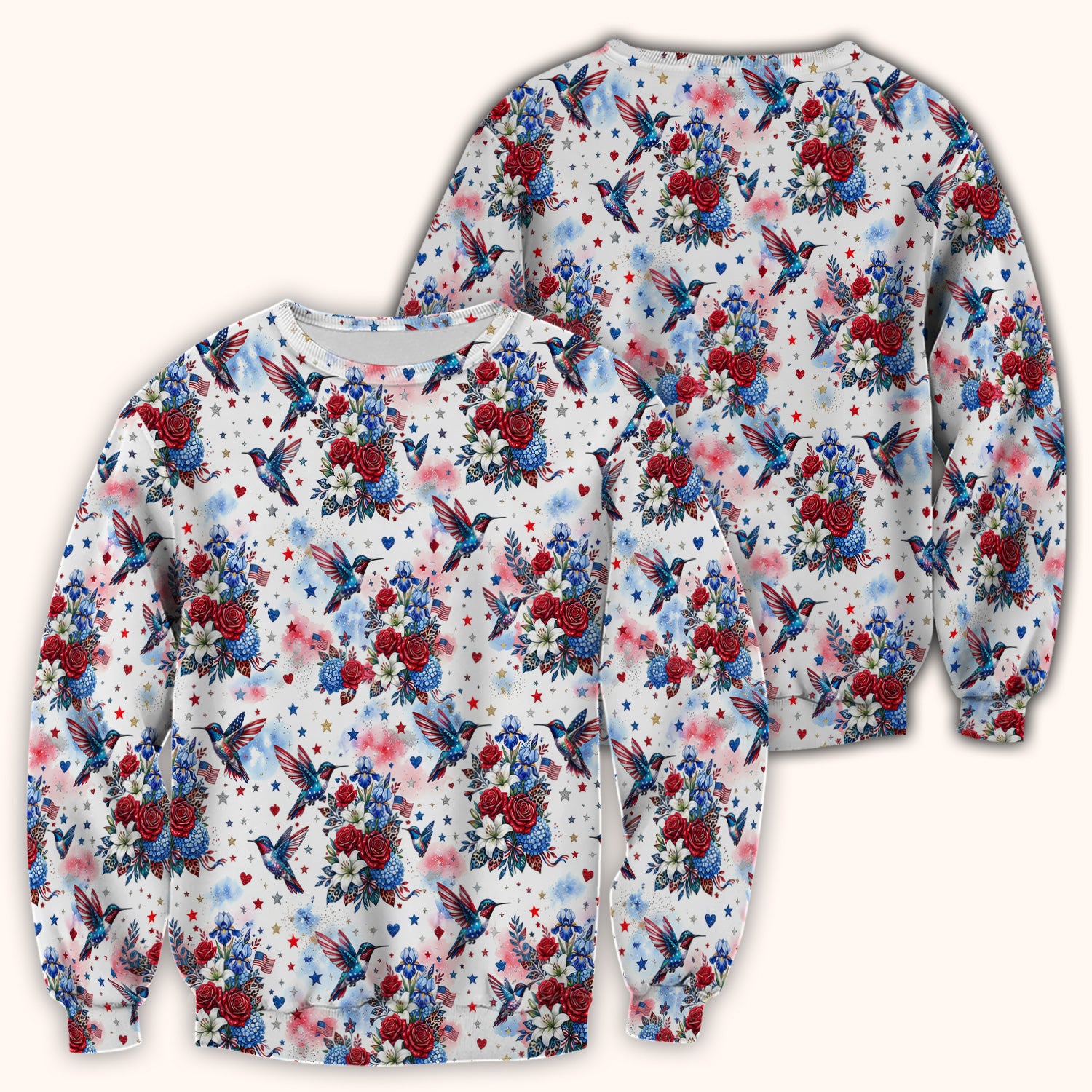 Patriotic Hummingbird Floral Bouquet Pattern Scrub Top, Comfortable Scrubs for Nurses