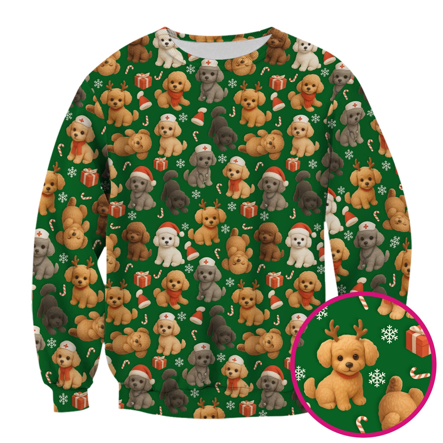 Christmas Poodle Scrubs for Women - Cute Dog Pattern Medical Scrub Top - Festive Holiday Christmas Scrubs with Adorable Poodle Design