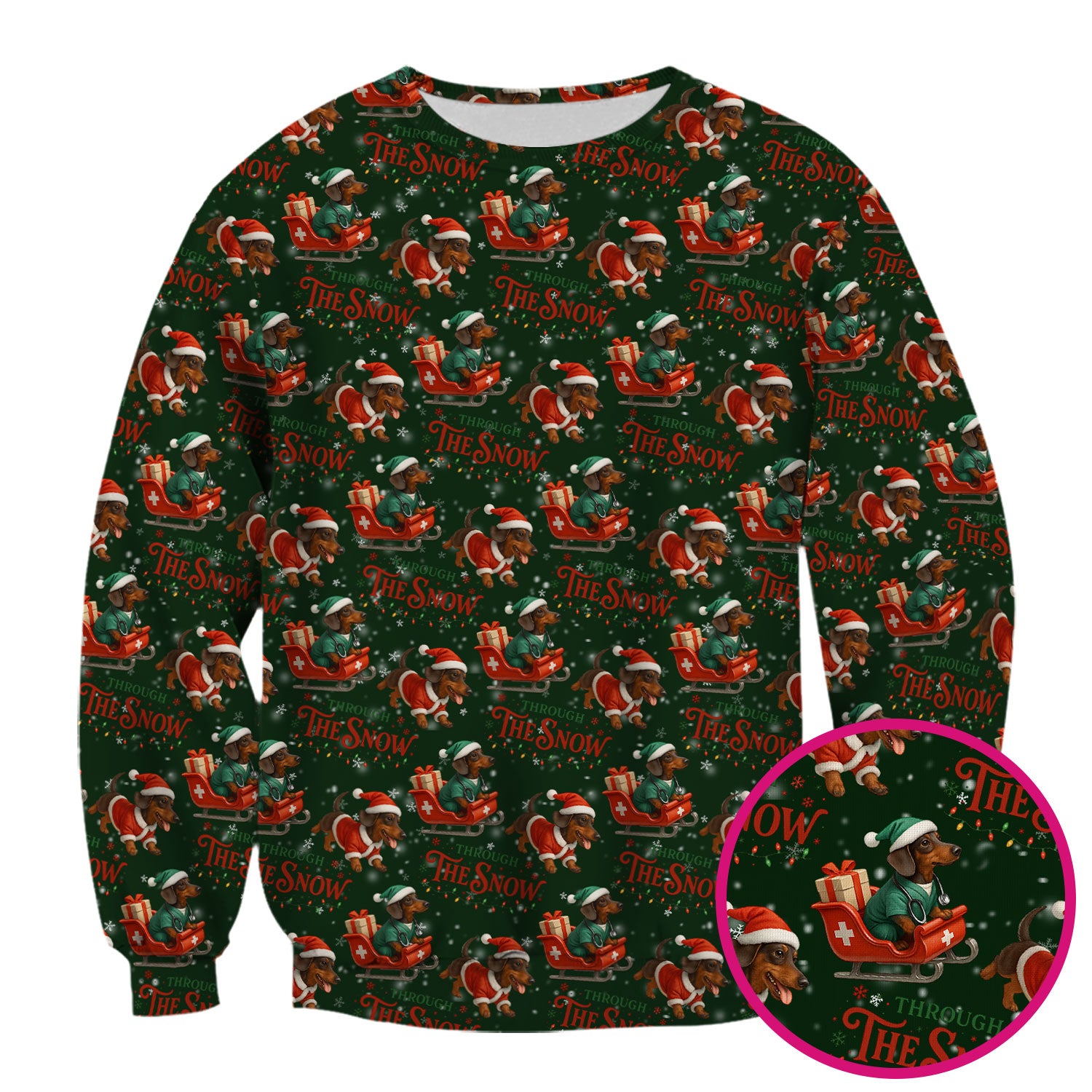 Dachshund Christmas Scrub Top, Cute Dog Nurse Scrub Shirt, Through The Snow Pattern Nursing Uniform