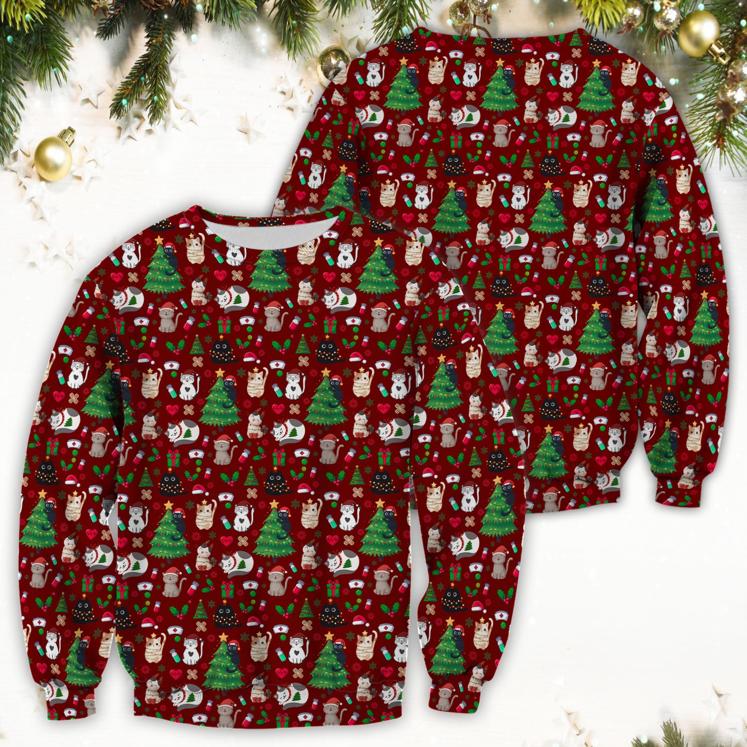 Christmas Cat Scrub Top, Xmas Pet Pattern Scrub Shirt, Breathable Fabrics Nursing Uniform