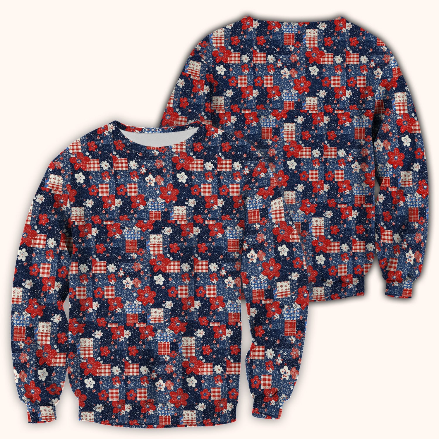 Patriotic Gingham Floral Patchwork Pattern Scrub Top, Comfortable Scrubs for Nurses
