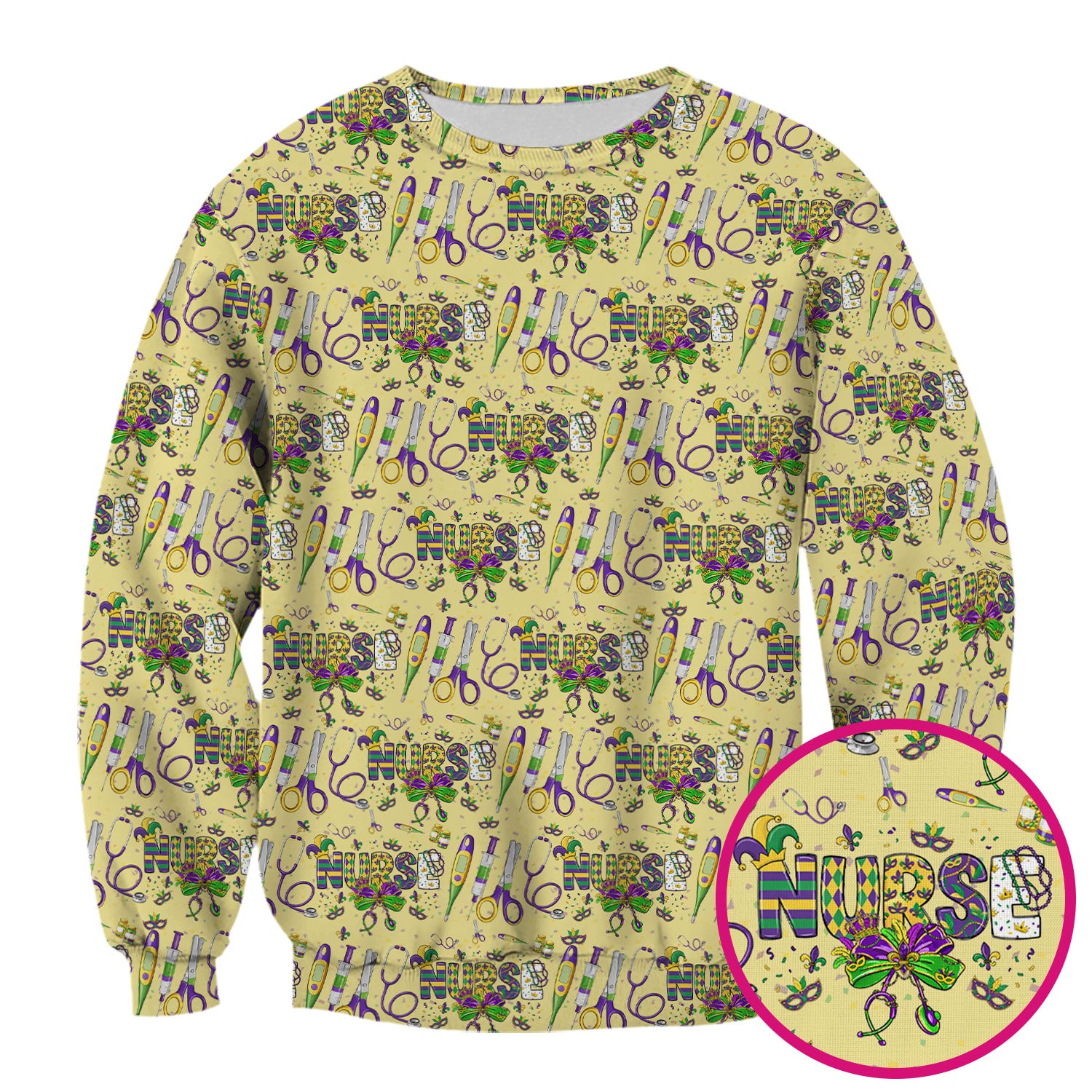 Mardi Gras Nurse Scrub Top, Holiday Medical Pattern Nurse Shirt, Breathable Fabrics Nursing Uniform