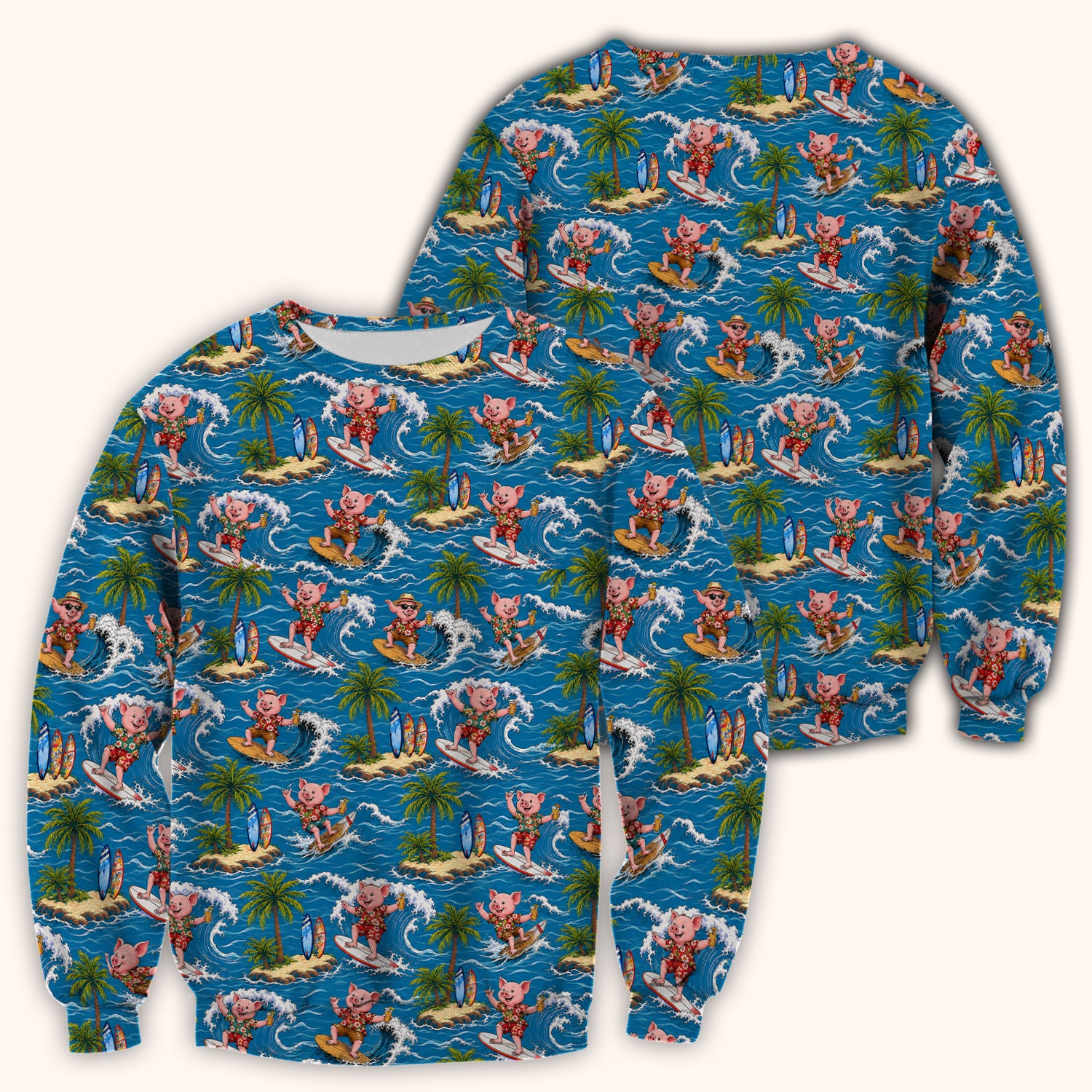 Tropical Surfing Pig Island Pattern Scrub Top, Comfortable Scrubs for Nurses